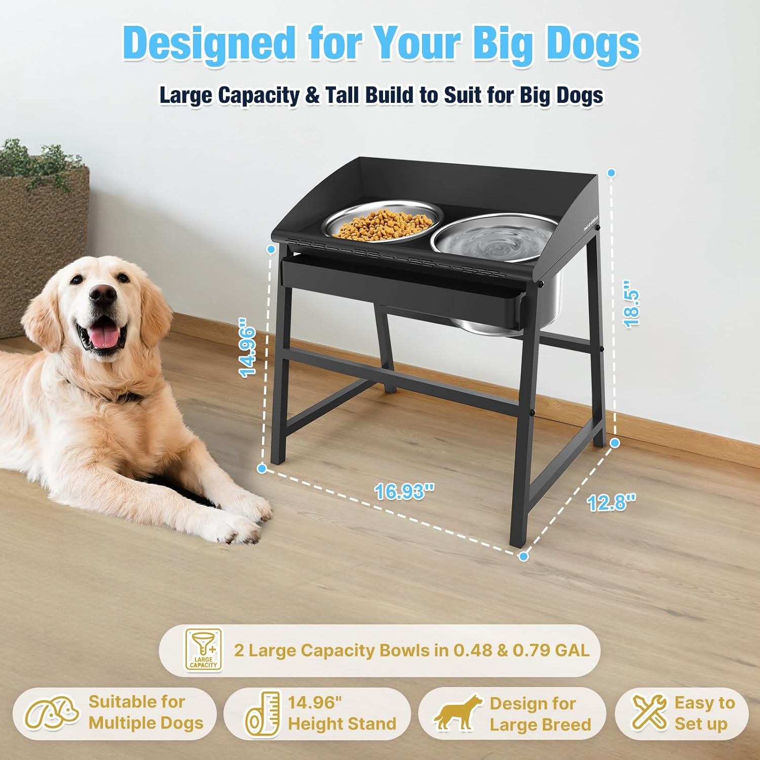 Elevated Dog Bowls for Large Dog, 38Cm Tall Raised Food and Water Bowl Set with Stand, Full Metal Spill Proof Design and Stainless Bowls for Indoor & Outdoor Use image number 6