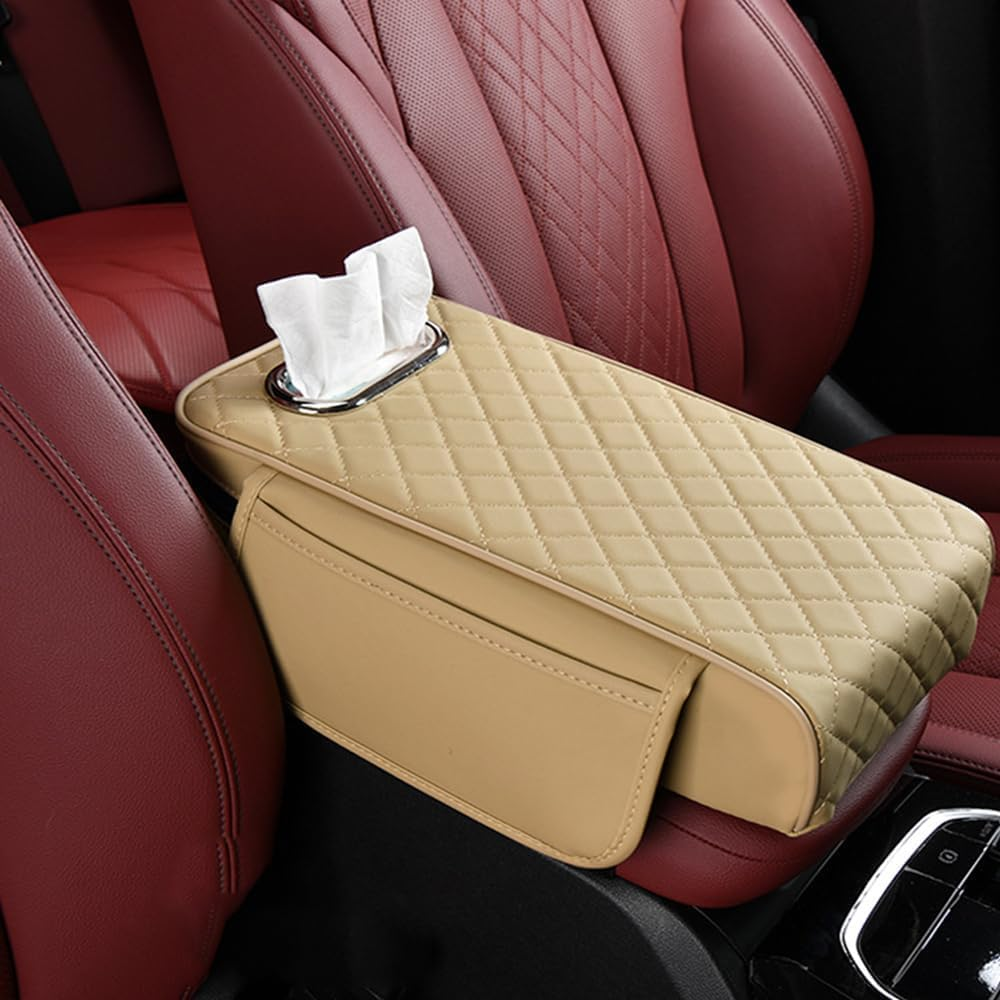Car Console Armrest Pad with Tissue Box,Car Center Console Cushion with Pocket and Tissue Box,Universal Waterproof Leather Auto Armrest Seat Box Protector,Car Armrest Cover for SUV, Truck (Khaki) - Grey image number 2
