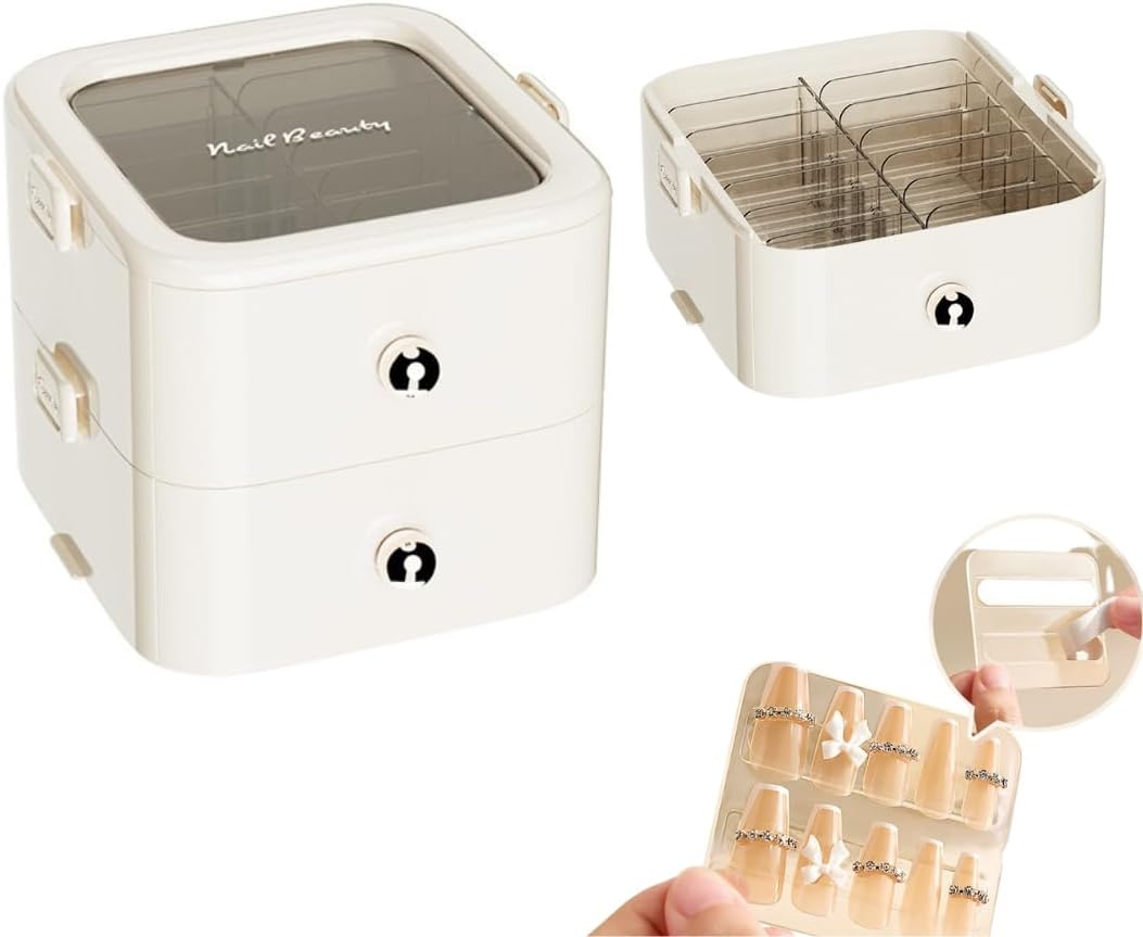 Press on Nail Organizer Box, False Nail Storage Case, Travel Packaging Container with 12/24/36 Pcs Adhesive Double Sided Tape for Nail Art (White, 2 Tier (24 Tapes)) image number 2