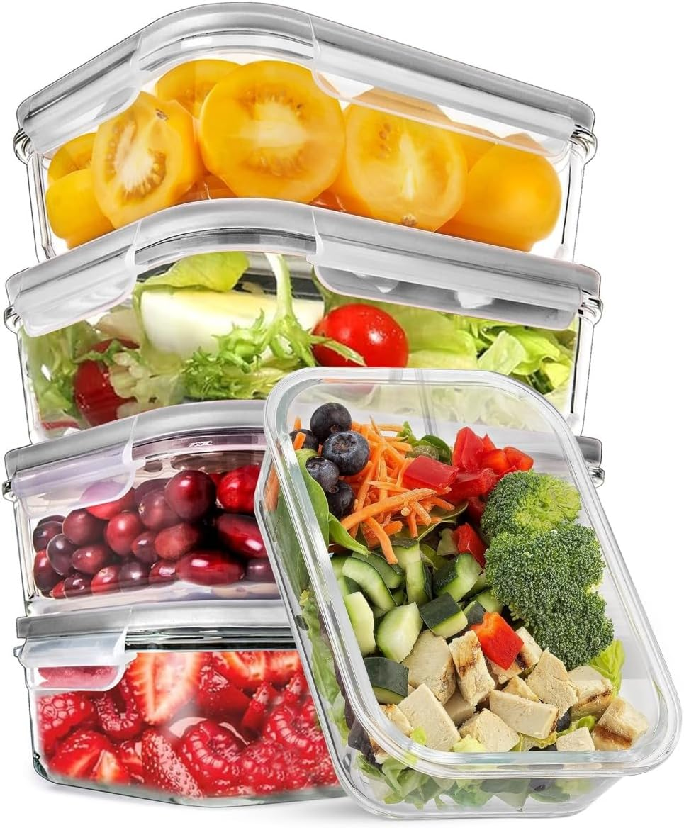 RFAQK Glass Food Storage Containers 5 Pack, 35OZ (5Containers&5Lids) Airtight Meal Prep Containers for Kitchen Storage & Organisation- Leakproof Lunch Box Safe for Oven,Freezer, Dishwasher image number 3