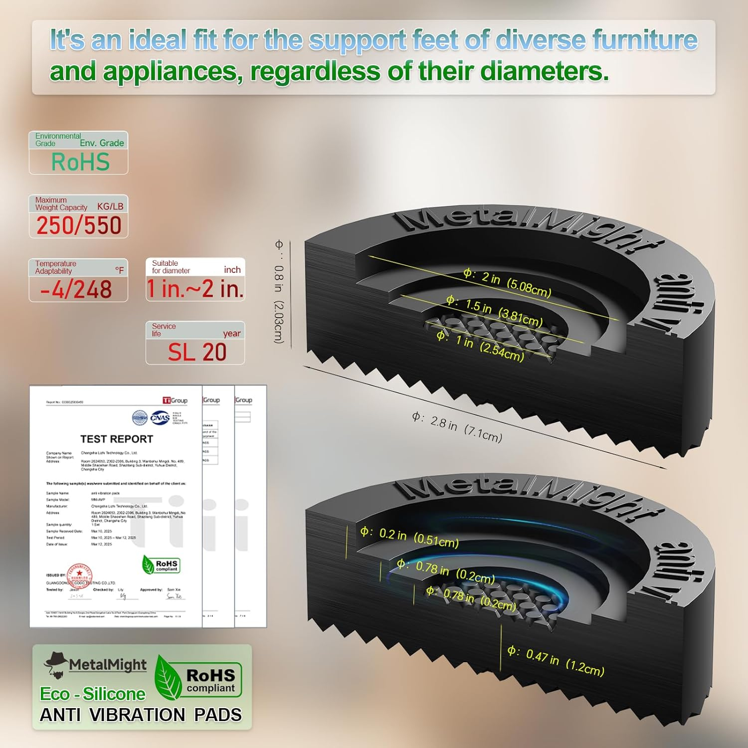 Metamight Universal Anti-Vibration Pads for Washing Machine,2.8" Dia,4-Pack.Eco-Silicone,Rohs-Certified. Sturdy&Non-Slip,Great for Shock Absorption. Fit Fridge,Dryer,Dishwasher Legs Stabilizer Damper image number 1