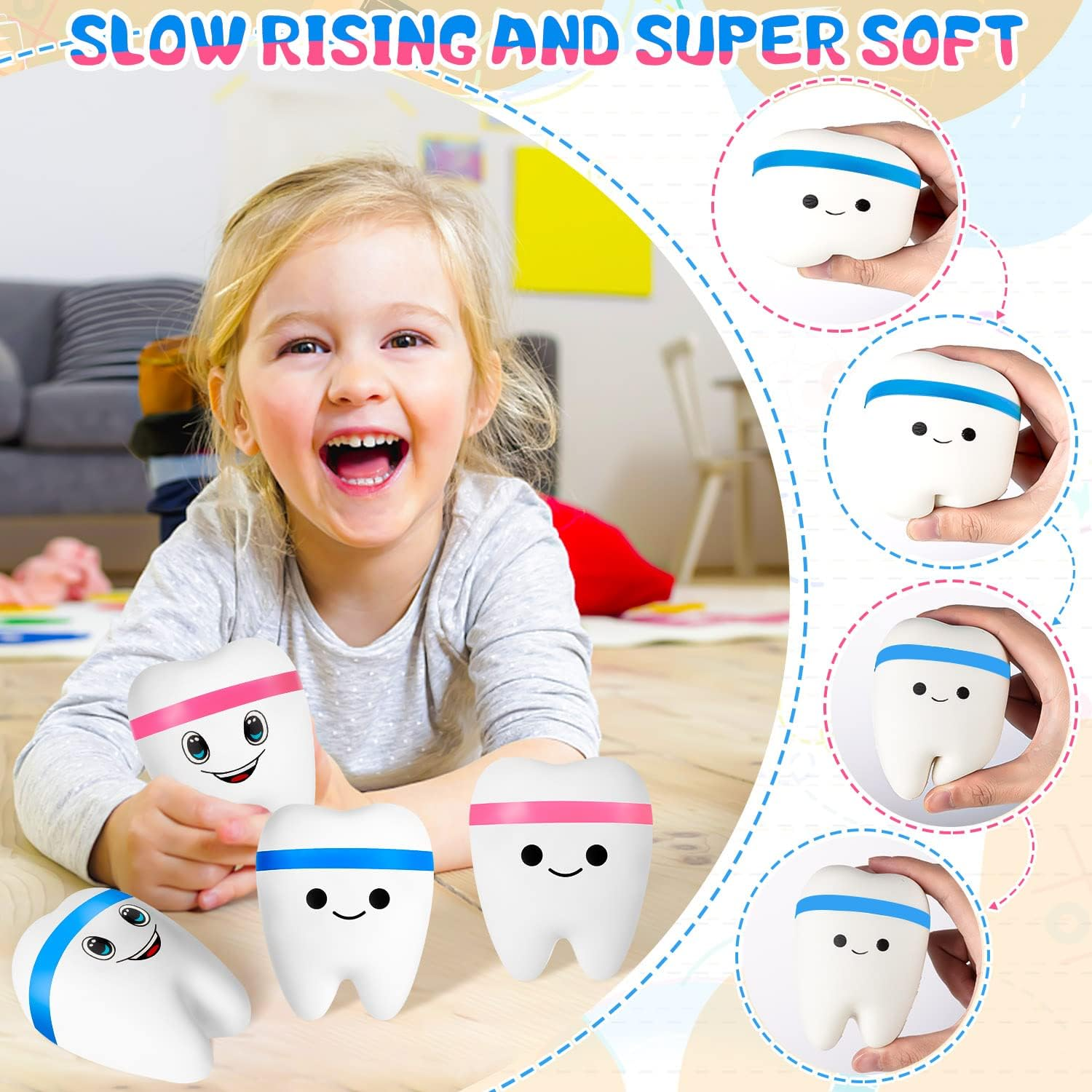 4 Pcs Jumbo Slow Rising Tooth Toy, Cute Teeth Stress Balls Toys, Squeeze Fidget Toys for Adults Kids Party Favors image number 2