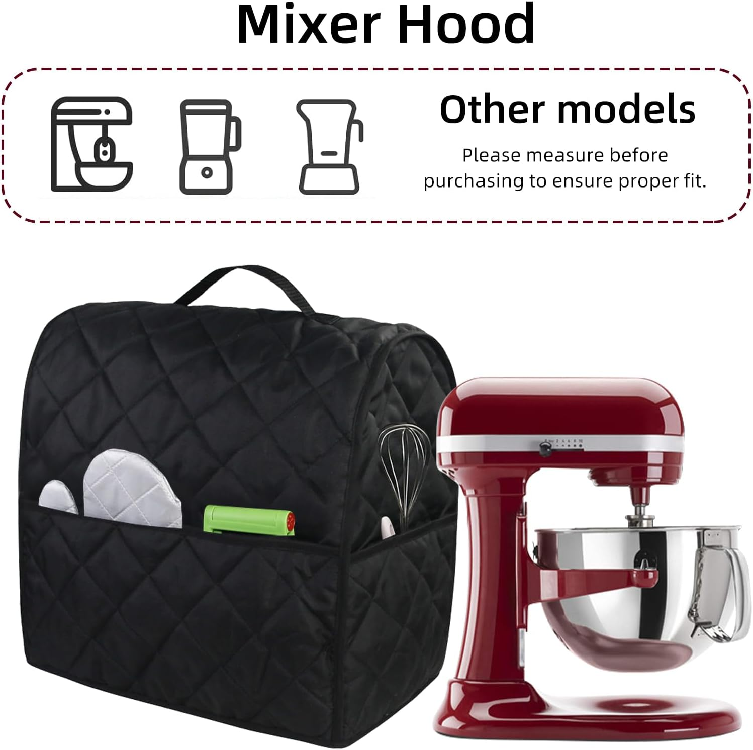 ZYNTM Kitchen Aid Stand Mixer Cover, Dustproof Full Covering 36X24Cm, Waterproof Mixer Bag with Side Pocket, Black Cotton, 24X24X25Cm, FOOD MIXER image number 5