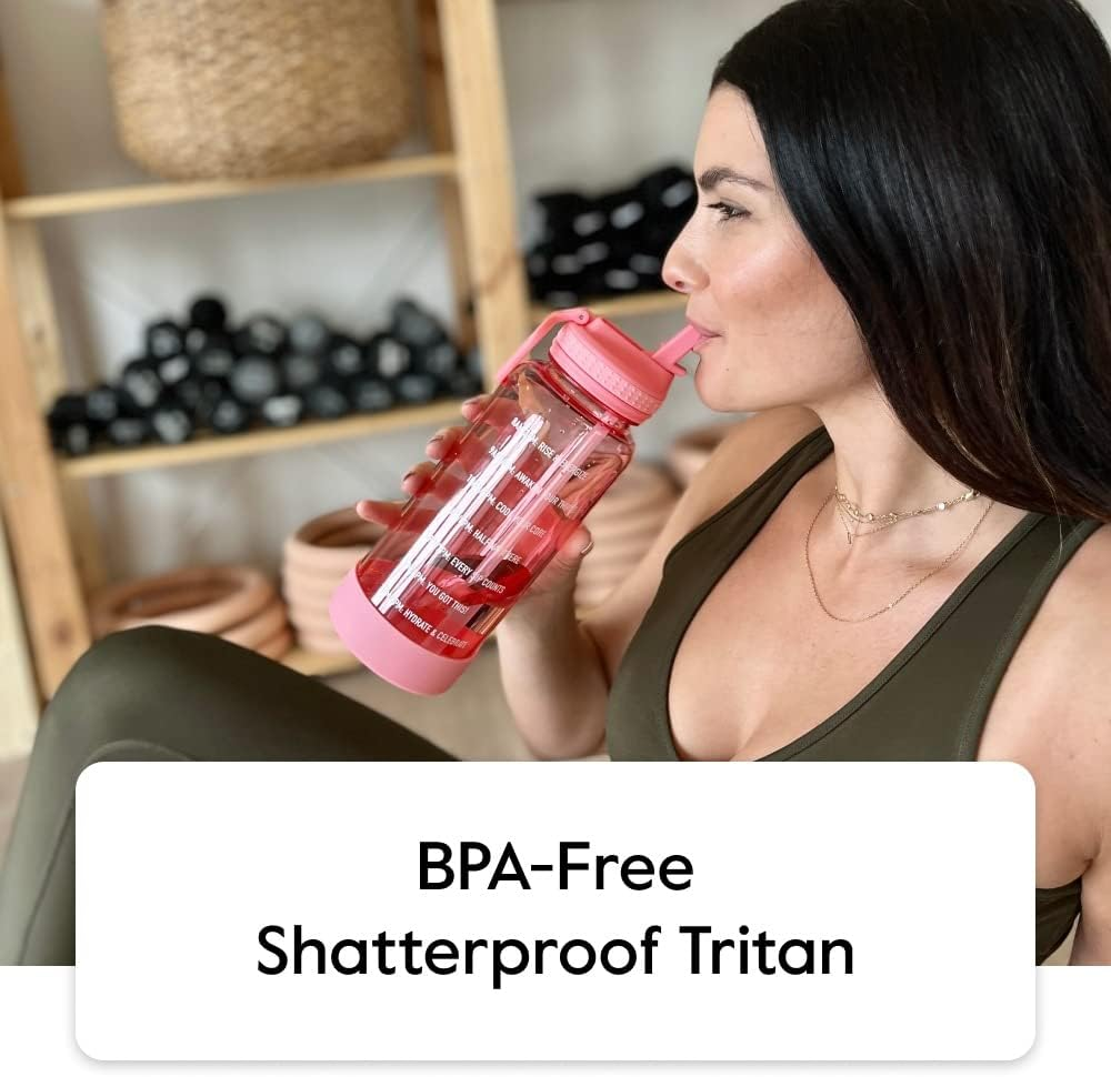 Takeya Premium Quality Motivational Water Bottle with Straw Lid with Times to Drink, BPA Free Tritan Plastic, 32 Oz, Flutter Pink
