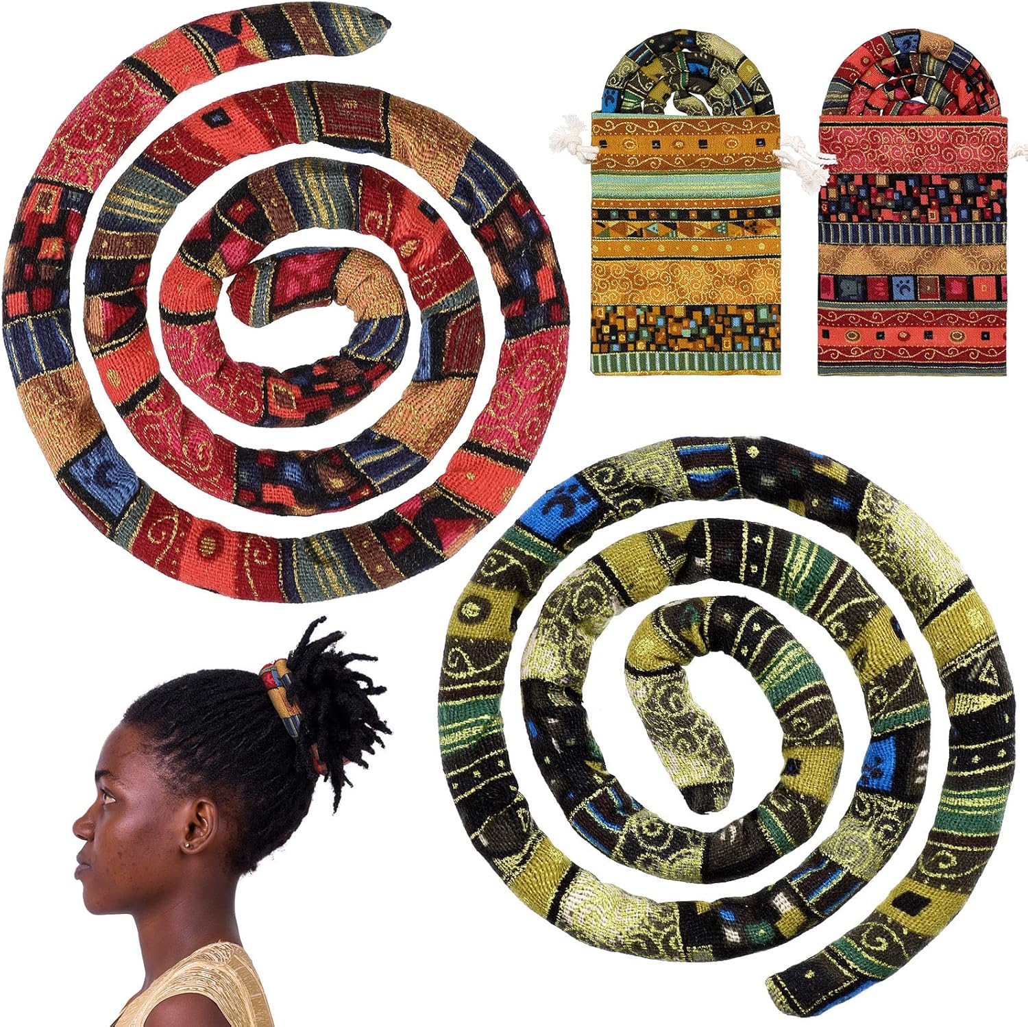 Hanaive 2 Pcs Spiral Lock Hair Tie Dreadlocks Accessories for Men Women Bendable Loc Hair Tie Dreadlocks Ponytail Holder Long Dread Bands for Braids(Stylish Pattern)