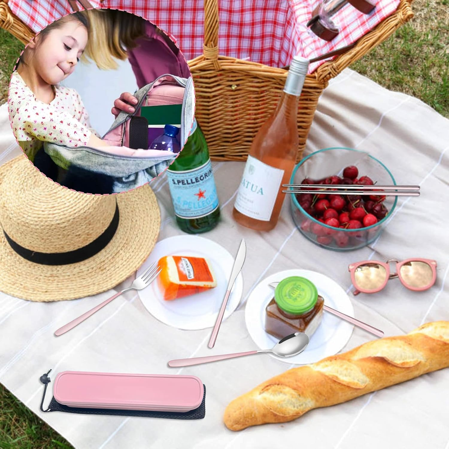 Portable Stainless Steel Cutlery, KUAOOAUK Reusable Travel Utensils, Portable Chopsticks Knife Spoons Forks Set, Travel Cutlery Set with Case for Adults Picnic Camping Daily Use (Pink) image number 2