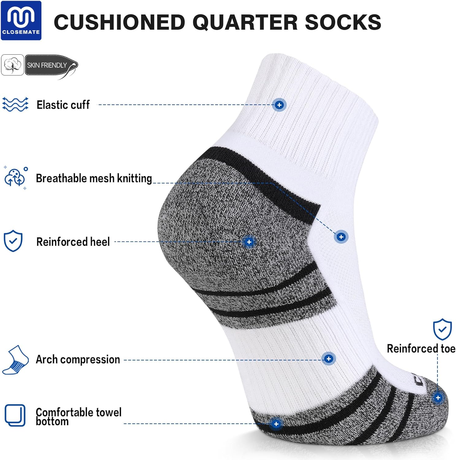 Closemate Mens Sports Trainer Quarter Socks White Black 6 Pairs Ankle Running Cotton Socks for Men and Women Non Slip anti Blister Breathable Performance Wicking Cushioned Athletic Mens Socks image number 2
