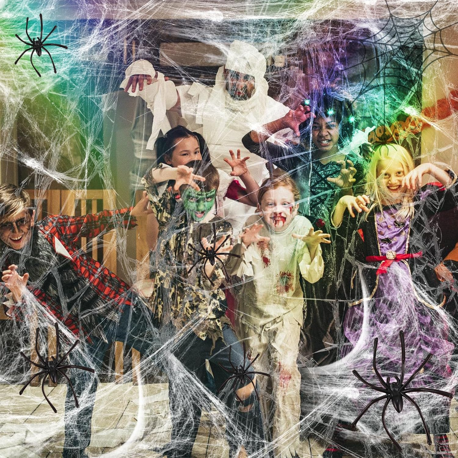 1500 Sqft Spider Webs Decorations, Super Stretchy Webbing with 150 Fake Spiders, Halloween Stretch Cobwebs for Outdoor & Indoor Yard Decor, Haunted Houses Prop Party Supplies image number 1