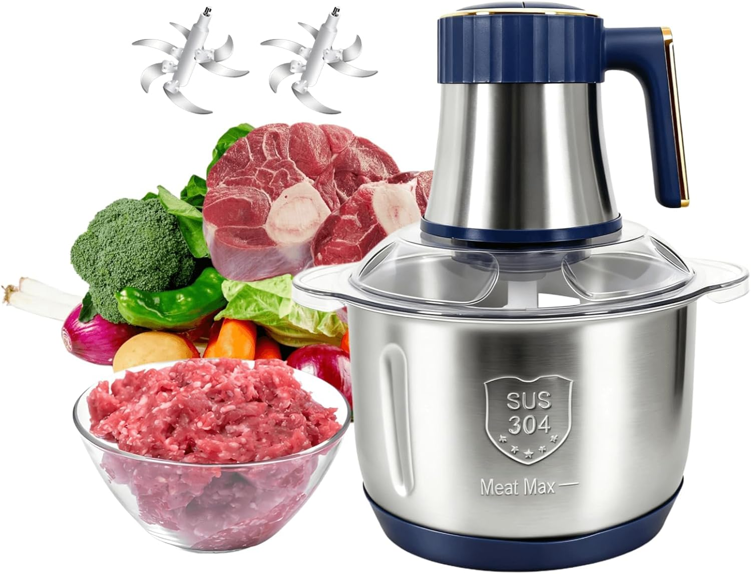 Electric Meat Grinder, Food Processor,5-Speed Electric Food Chopper,Meat Grinder 5L with Two 6-Blade Sets,500W Powerful Vegetable Chopper Used for Dough Mixing,Meat, Nuts, Fruits, Garlic