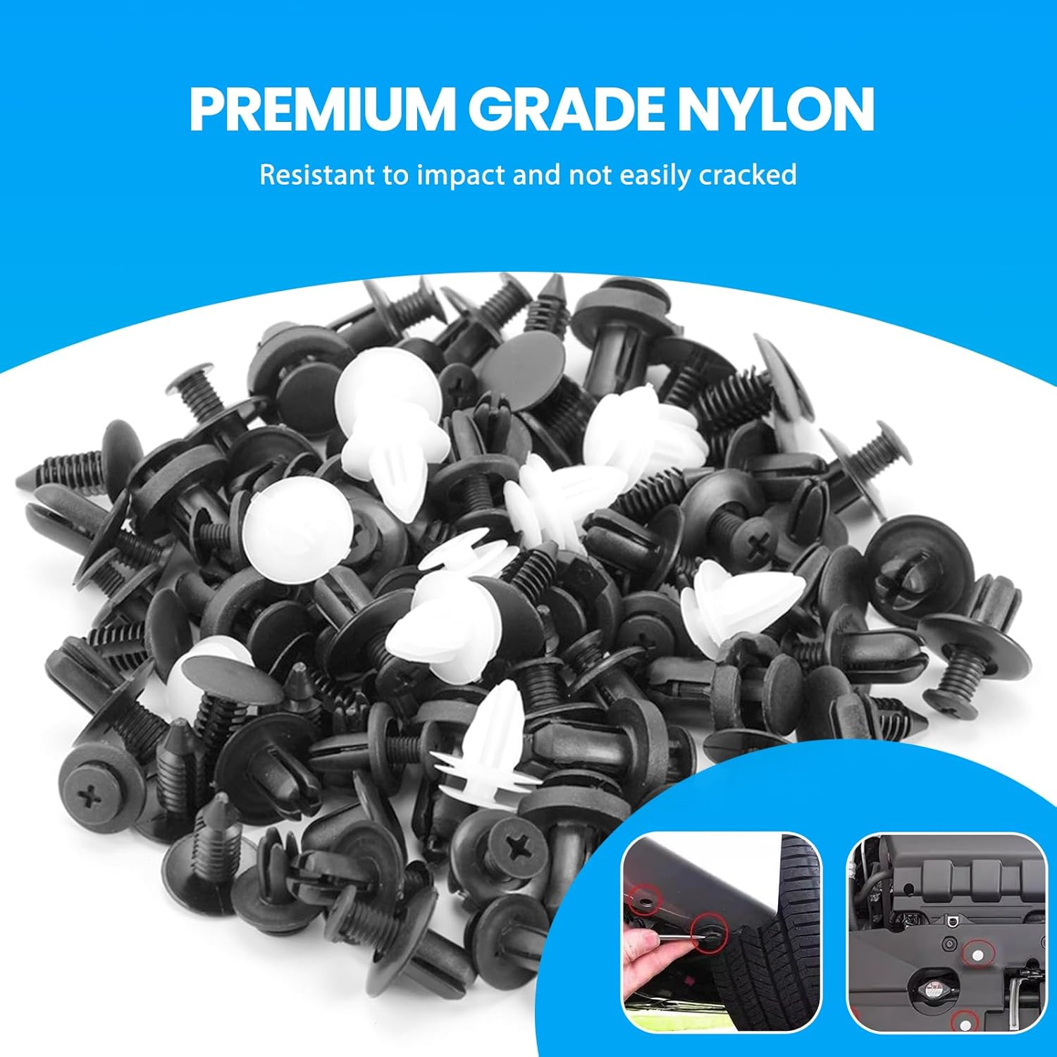 100PCS Car Fastener Clip Kit Universal Push Retainer Set with Removal Tools for Bumper Fender Auto Body Repair Black White Plastic Rivets for Most Vehicles image number 5