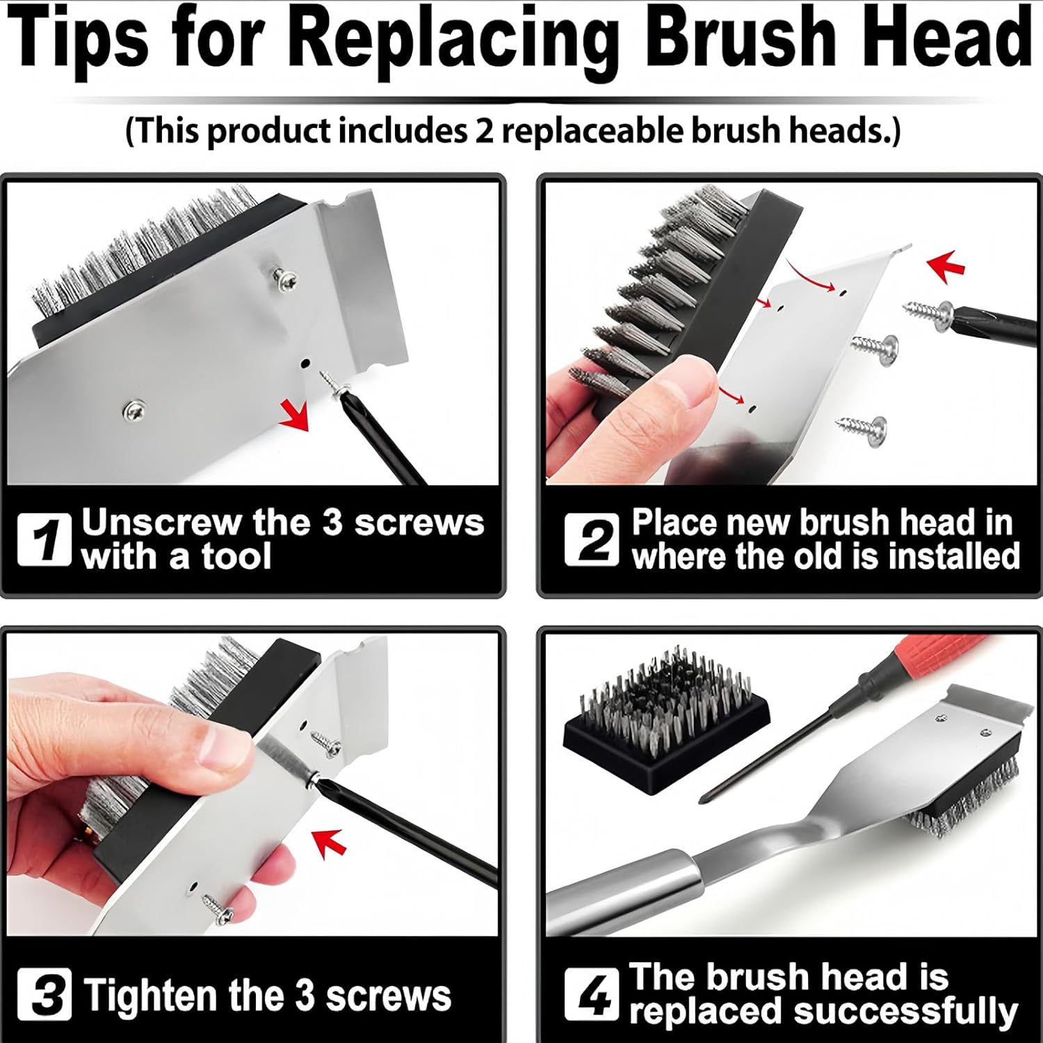 Grill Brush and Scraper - 16.5&rdquo; Wire BBQ Brush for Outdoor Grill, Safe Grill Cleaner Brush with 2PCS Replaceable Brush Heads, Essential BBQ Grill Accessories image number 4