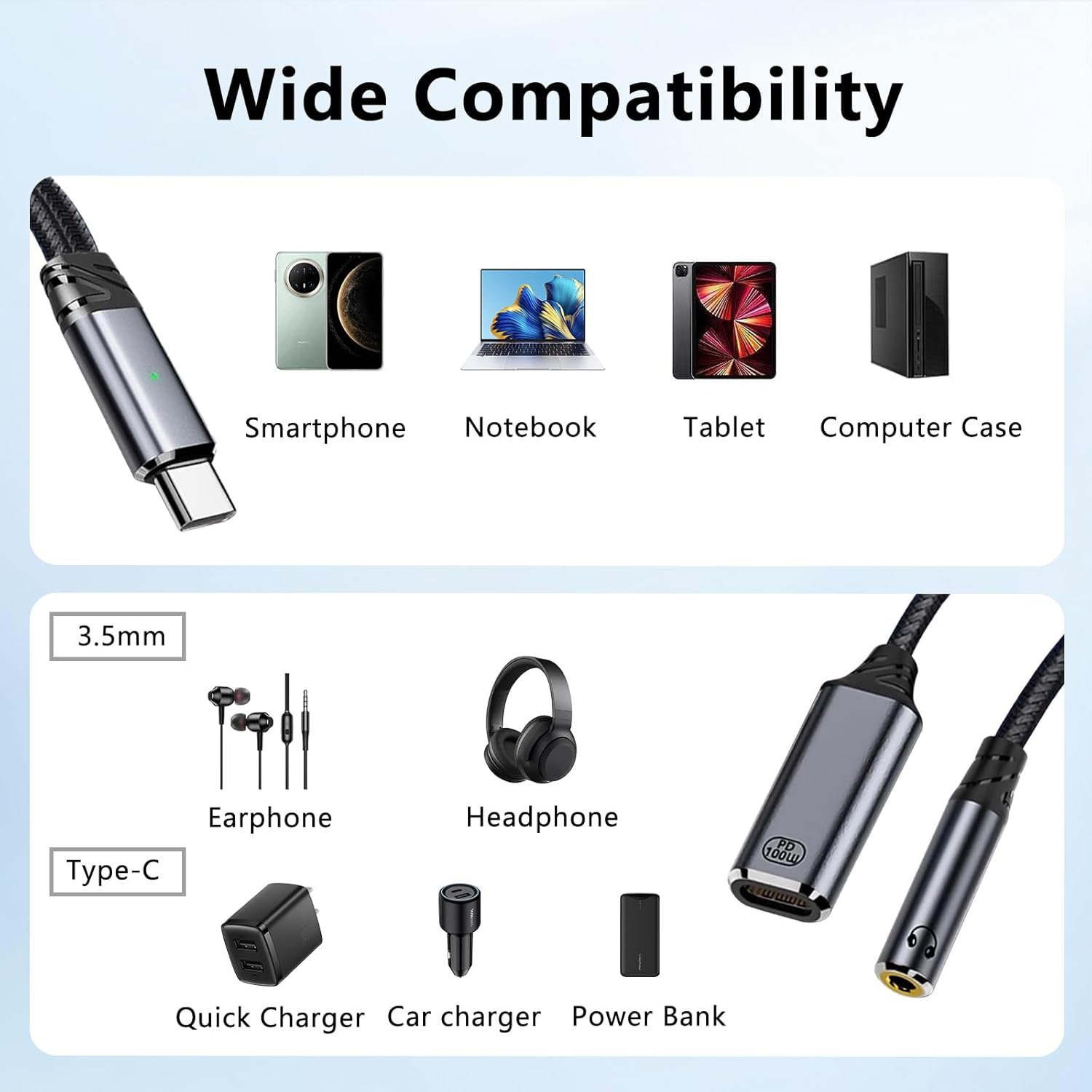 Usb C to 3.5Mm Audio Jack and Charger 2 in 1 USB C Headphone Adapter USB C to Aux with 100W PD Fast Charging Splitter Cable for Iphone 16/15 Pro/Max/Plus/Ipad 10 Pro for Samsung S24 S23 Google Pixel 9 image number 6