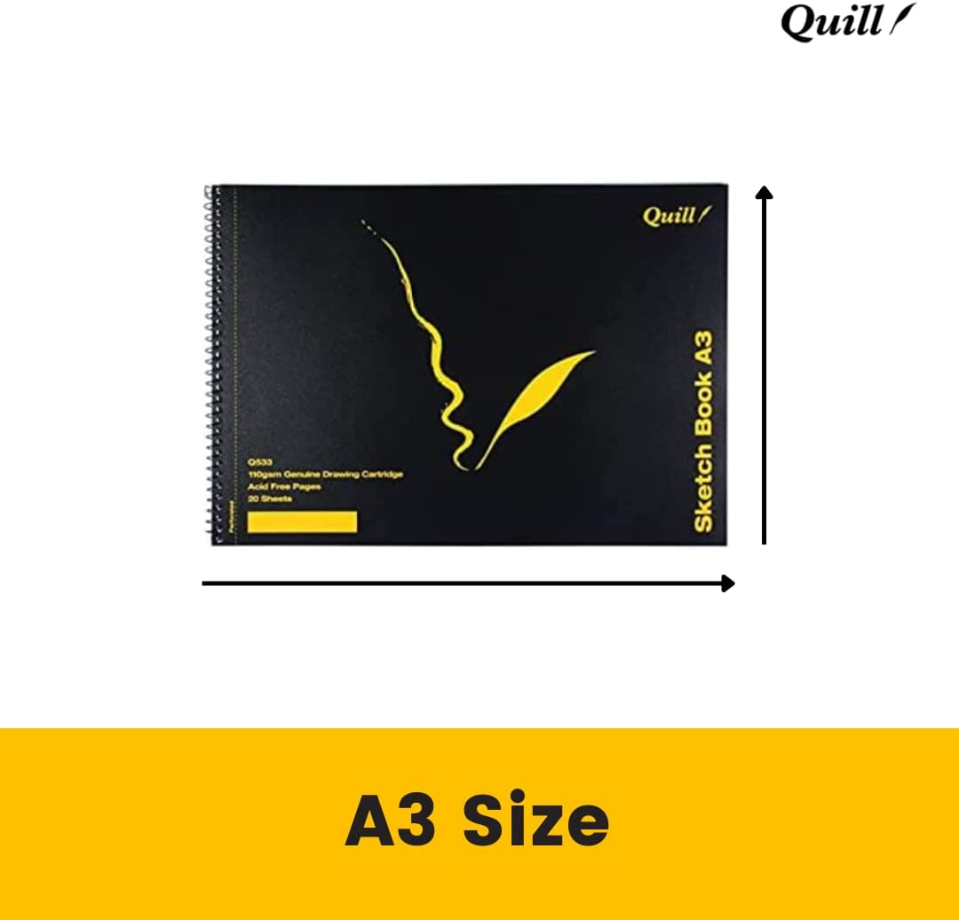 Quill, Sketch Book A3, 20 Sheets, 110Gsm Cartridge Paper, Spiral Bound, Durable Polypropylene Front Cover, Heavy Cardboard Back Cover, Landscape image number 4
