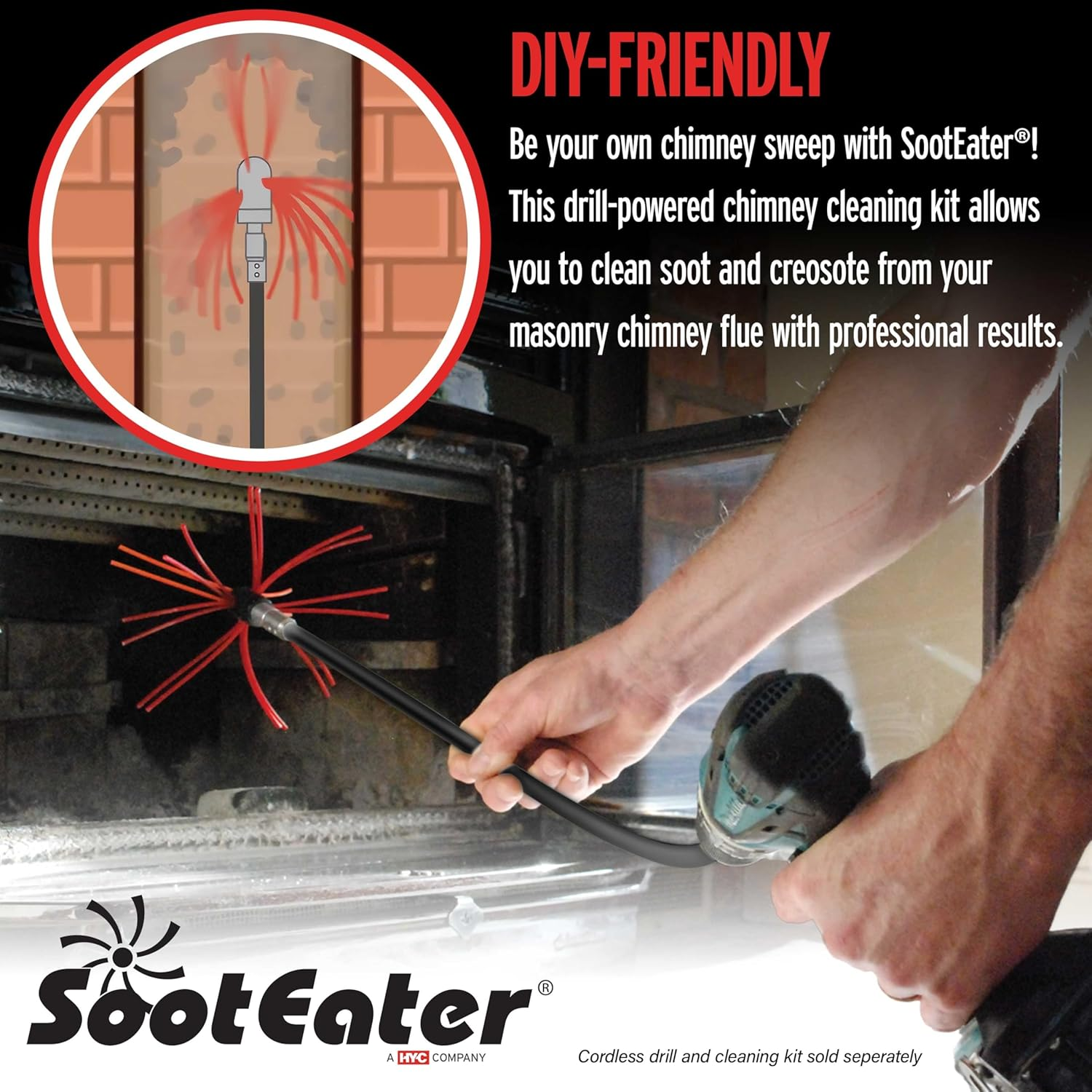 Gardus RCH205-B Sooteater Rotary Chimney Cleaning System, Cleans Open Chimneys up to 18' with 6 Flexible 3' Rods, Includes Trim-To-Fit Spinning Chimney Whip Pack of 1 image number 3