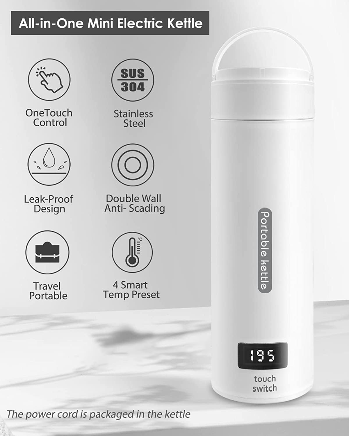 Small Electric Tea Kettle Travel Portable Mini Coffee Kettle, with 4 Variable Presets, Personal Hot Water Boiler 304 Stainless Steel with Auto Shut-Off & Boil Dry Protection, Bpa-Free(Au PLUG)