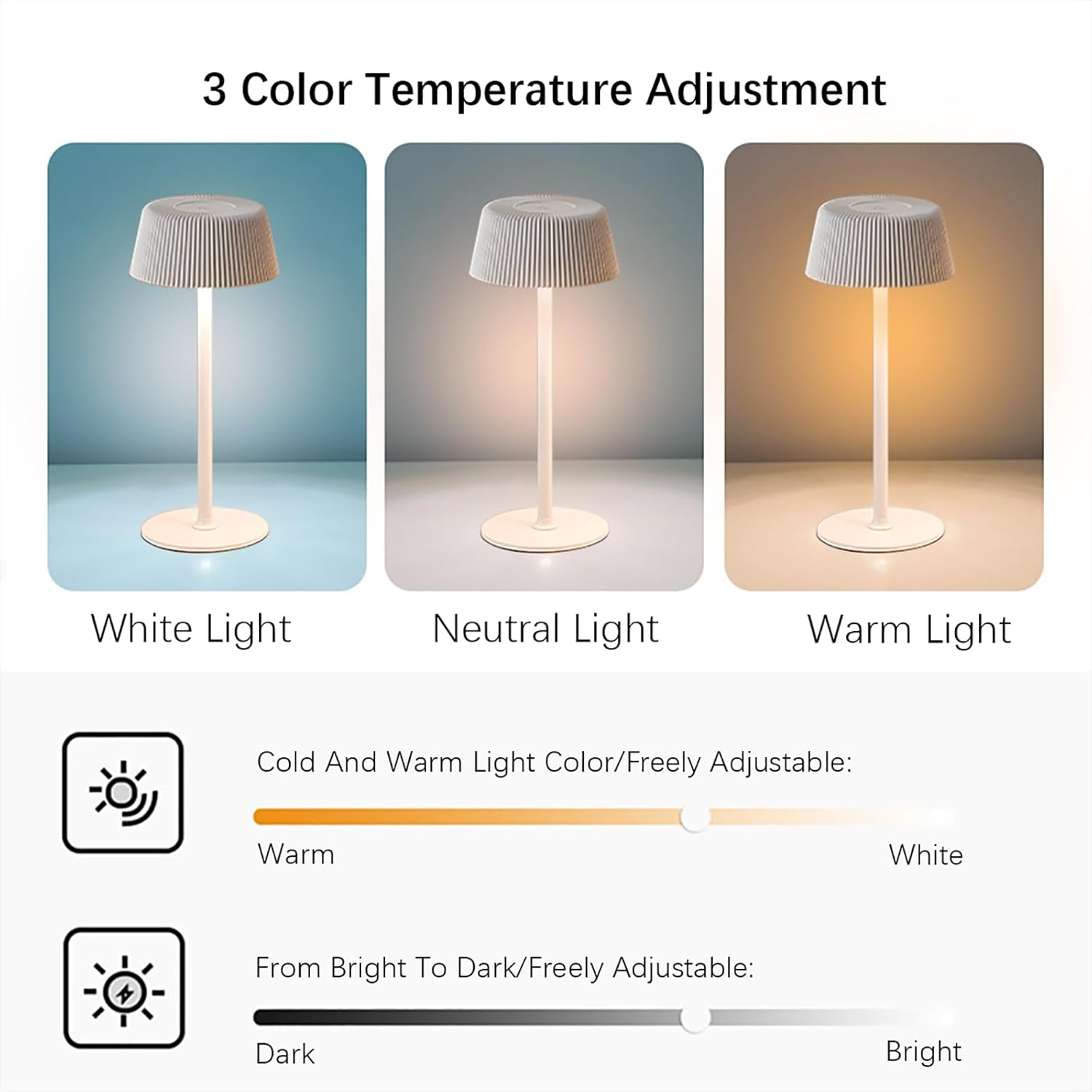 Shenzhi Tech Ambient LED Table Lamp, Elegant USB Rechargeable Desk Lamp, Touch Controlled Dimmable Indoor Night Light for Home Decor Bedside Room Restaurant (White) - Black image number 7