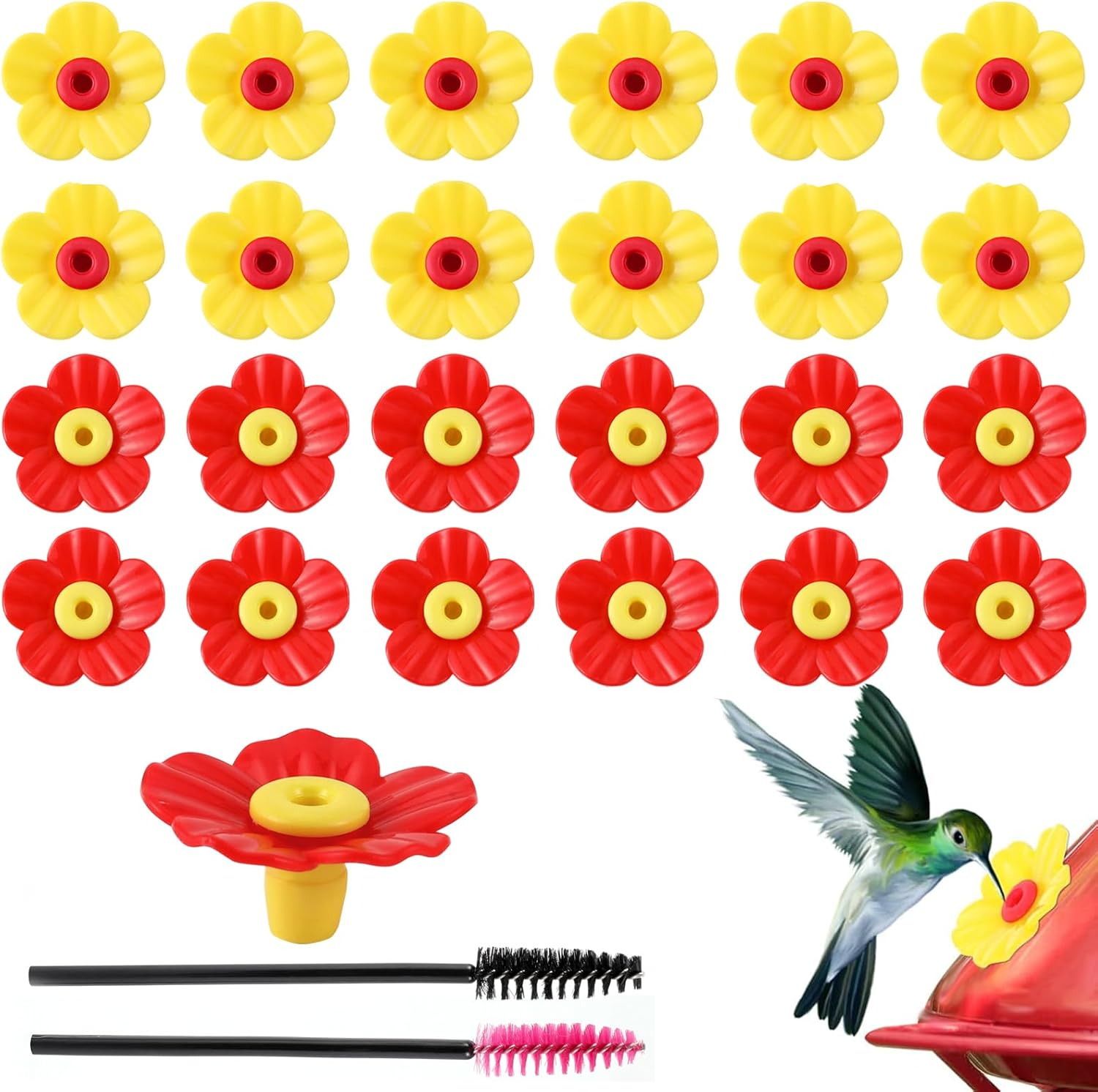 24 Pieces Hummingbird Feeders Replacement Flowers Pet Bird Feeder Replacement Feeding Ports with 2 Cleaning Brushes for Outdoor Hanging Feeders(Red+Yellow) image number 5