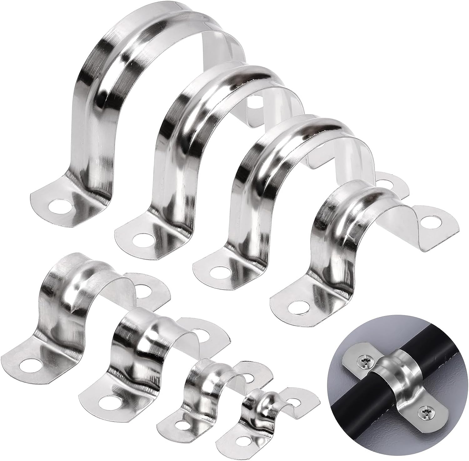 Glarks 50Pcs M8 Pipe Strap Clamp, 304 Stainless Steel 2 Hole Strap Heavy Duty Rigid Pipe Strap U Bracket Tube Strap Cable Clamp Hanger Tension Tube Clip for Pipe Tube Cable Fixing (12Mm (1/2"))