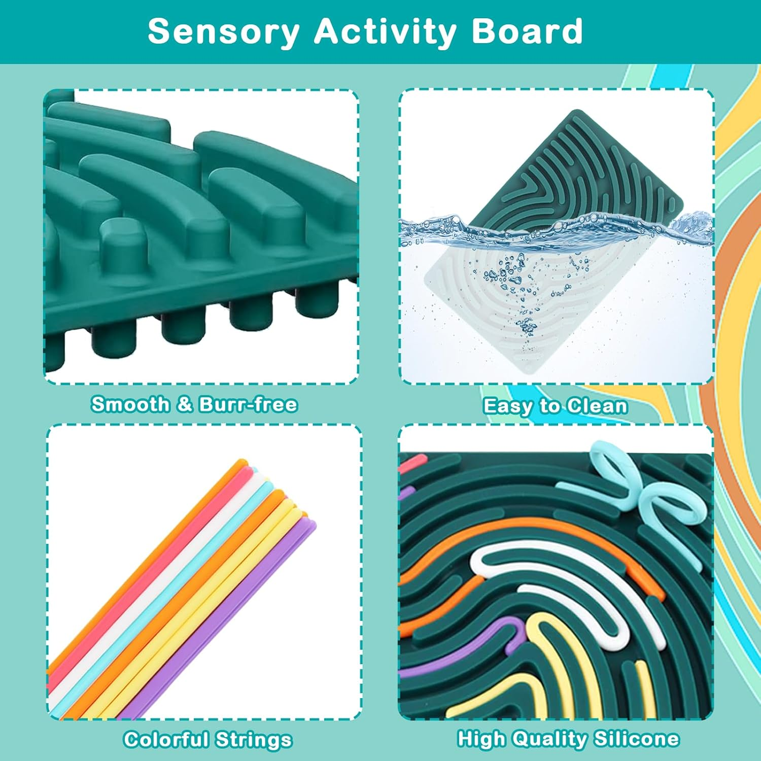 Sensory Fidget Toys for Kids Adults, Double-Sided Silicone Activity Busy Board for Stress Relief, Calming, Focus, Autism and ADHD, Travel Toys with Portable Bag & 20 Strings (Square)