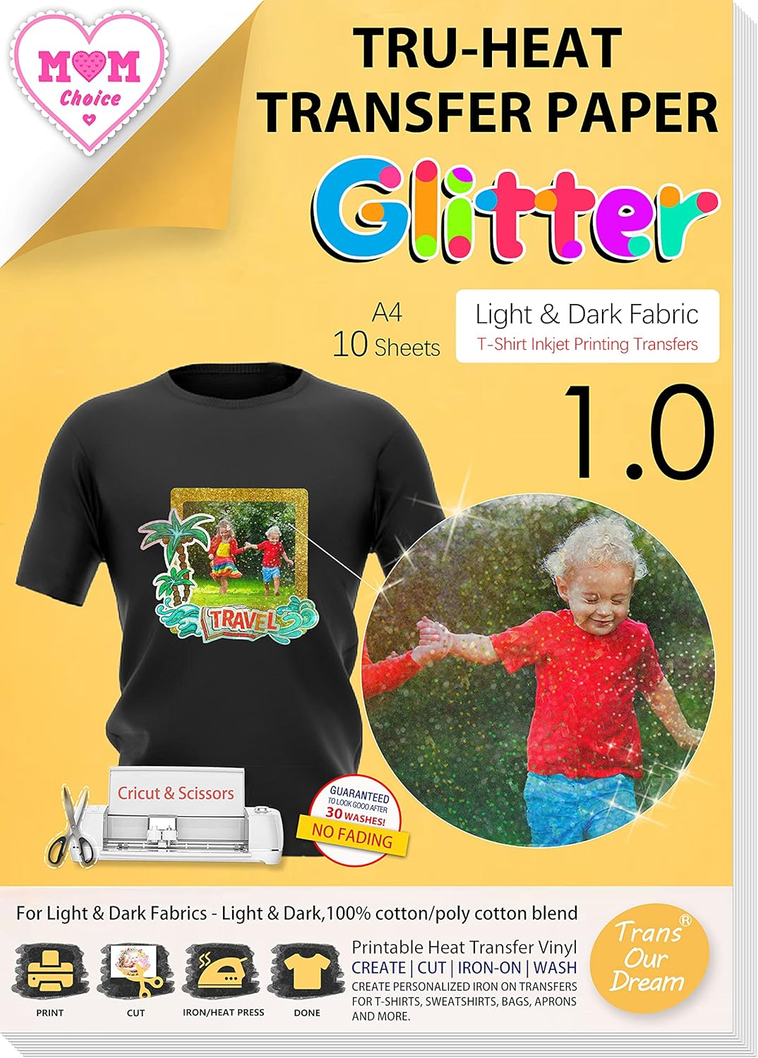 Transourdream Glitter 1.0 Iron on Heat Transfer Paper for T Shirts (10 Sheets, A4) Printable Heat Transfer Vinyl for Inkjet Printer Iron-On Transfers Paper for Light and Dark Fabric (AU-10-10) image number 2