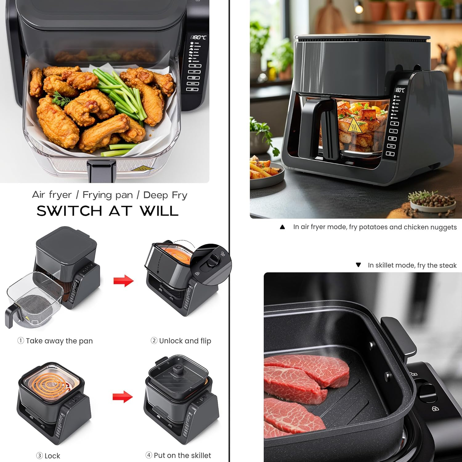 Advwin Multi-Function Air Fryer BBQ, Dual Zone Air Fryer & Top Grill, 7-In-1 Electric Cooker with Touch Screen, 4L Oil-Free Oven for Frying, Baking, Grilling, Roasting | Top Grill & Bottom Fryer image number 5