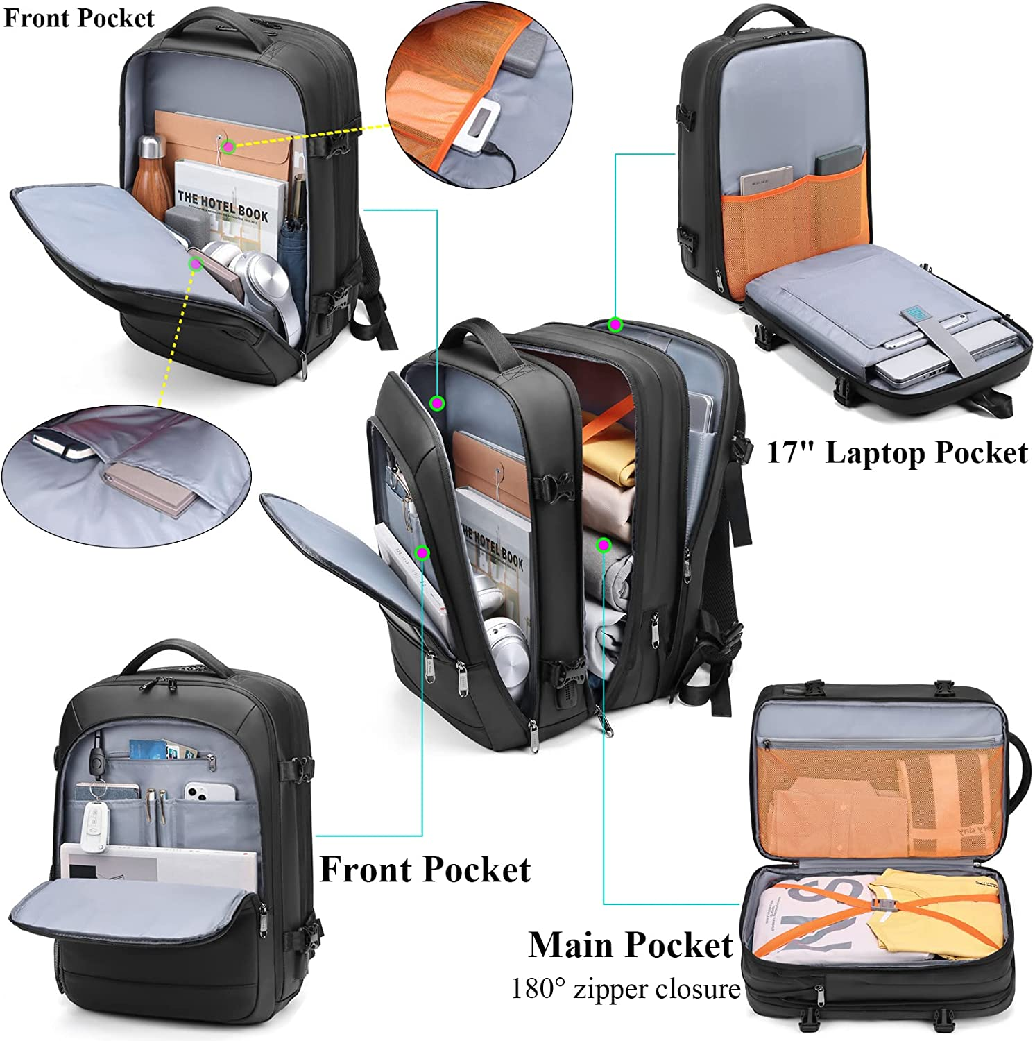 Qiccijoo Travel Backpack 40L Flight Approved Carry on Backpack for Men Women Expandable Large Luggage Backpack 17 Inch Waterproof Laptop Backpack Business School Weekender Overnight Backpack image number 3