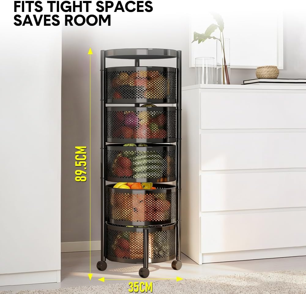 ALSTON 5 Layer Rotating Storage Trolley Kitchen Rolling Tiered Rack Stacking Organizer with 360 Swivel Lockable Wheels for Storing Fruit Vegetable Black