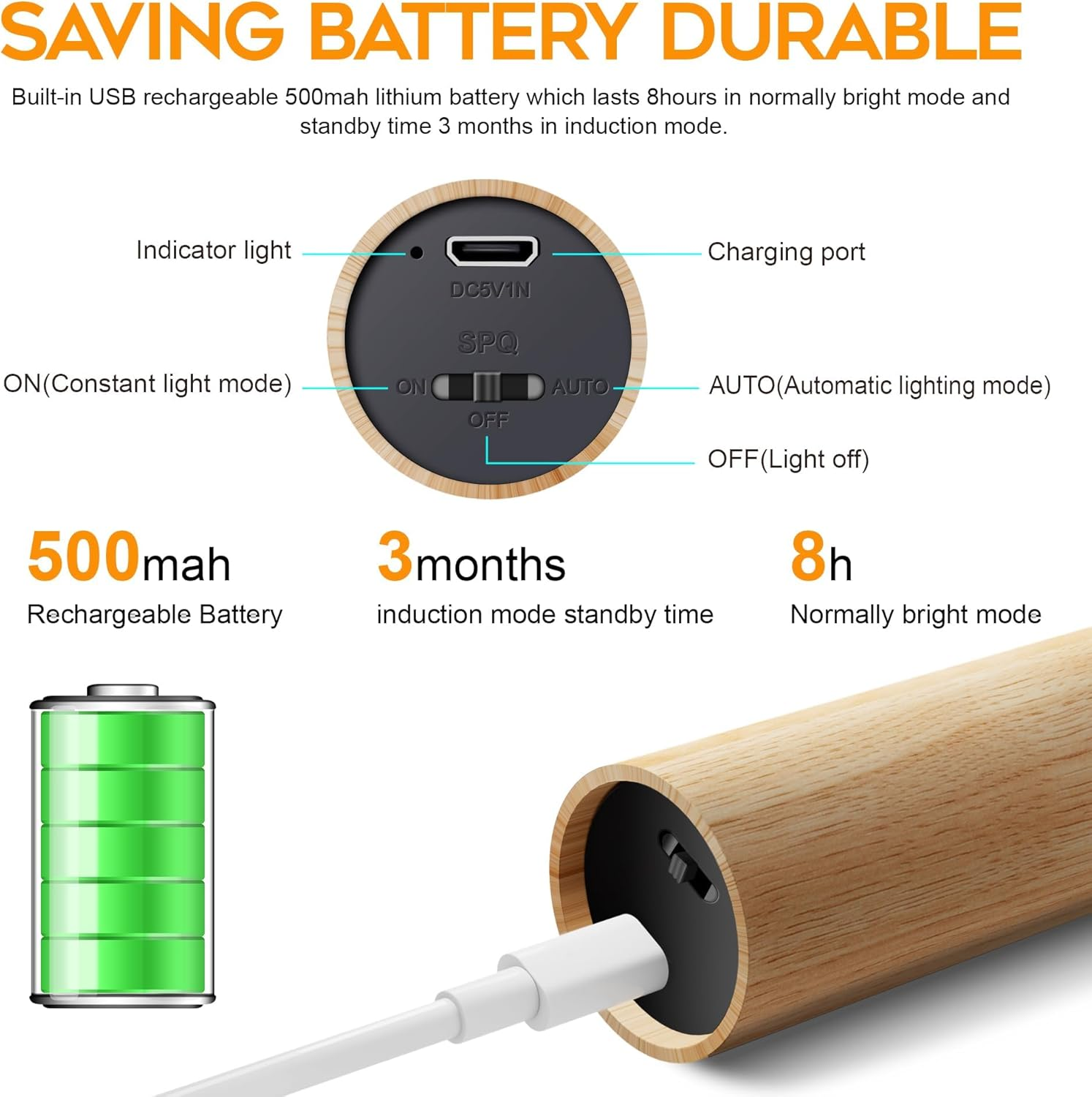 BLAZDEVE Wooden Wall Light with Motion Sensor Indoor, USB Rechargeable Indoor Wall Lamp Cabinet Lights, Warm White Wireless Battery LED Wall Light with Switch for Bedroom Stair Hallway image number 2