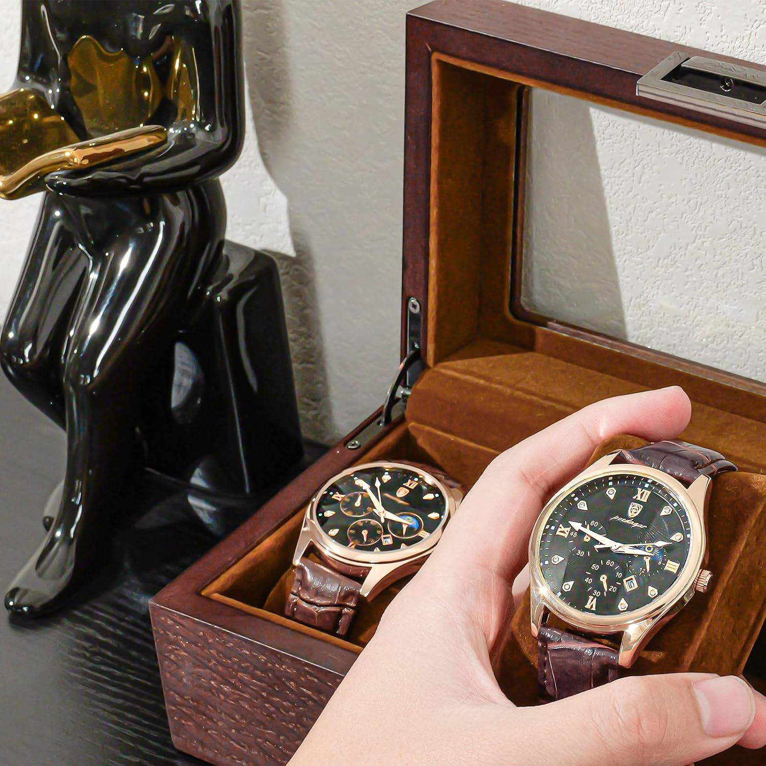Procase Wooden Watch Box for Men, 3 Slot Timber Watch Display Case, Wood Cases for Men Watch Storage, Watch Holder Organizer with Glass Lid -Espresso image number 1