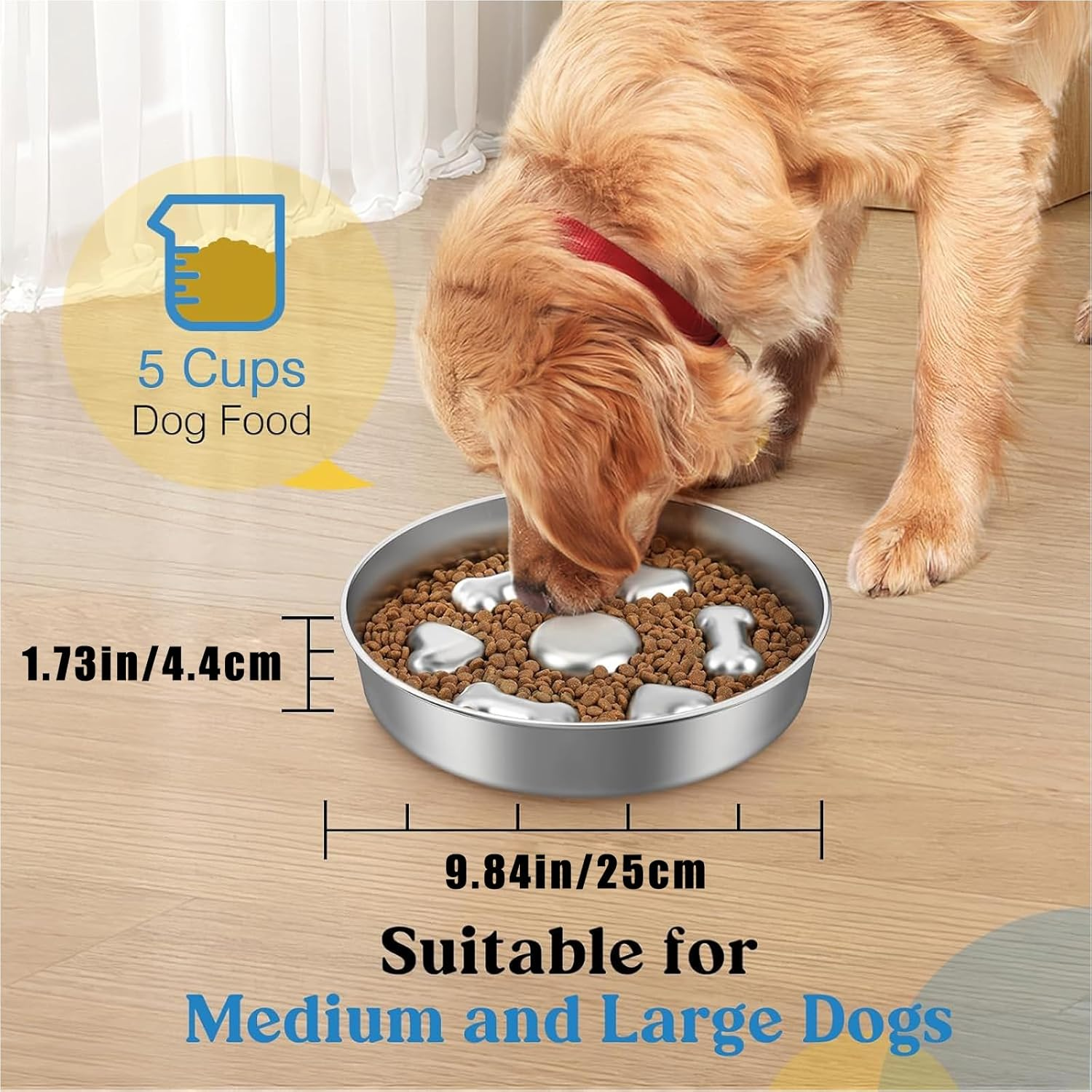Slow Feeder Dog Bowls, 304 Stainless Steel Dog Slow Feeder Bowl 5 Cups Metal Dog Food Bowl with Non-Slip Base Bloat Stop Slow Eating Dog Bowl for Medium & Large Breed, Dishwasher Safe