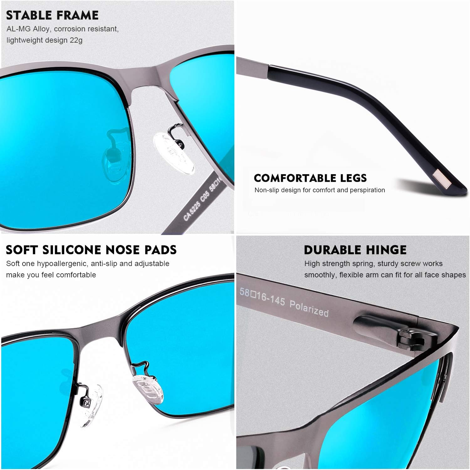 CARFIA Metal Mens Sunglasses Polarized UV400 Protection for Driving Fishing Hiking Golf Everyday Use CA5225