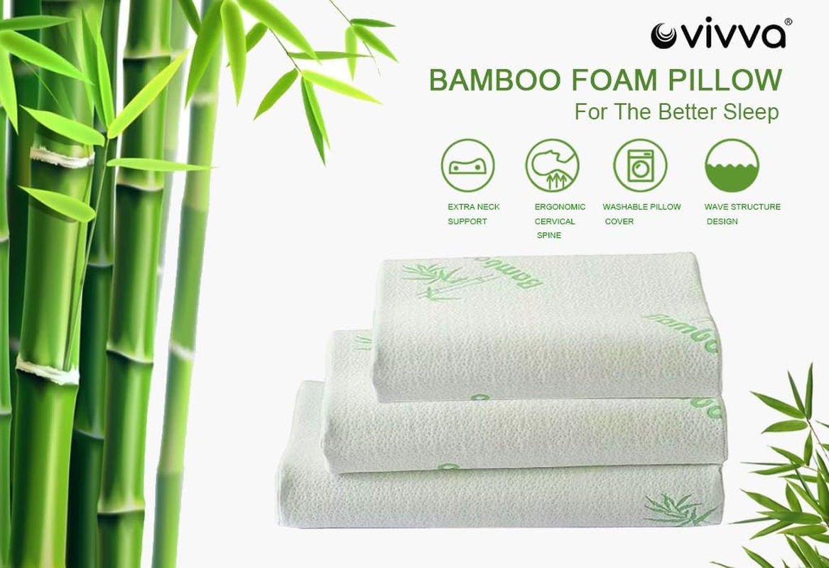 Bed Pillow 2PCS Bamboo Memory Foam Sleep Pillow Contoured Cervical Orthopedic Pillow Neck Support Breath Pillow Back/Stomach/Side Sleeper (M)