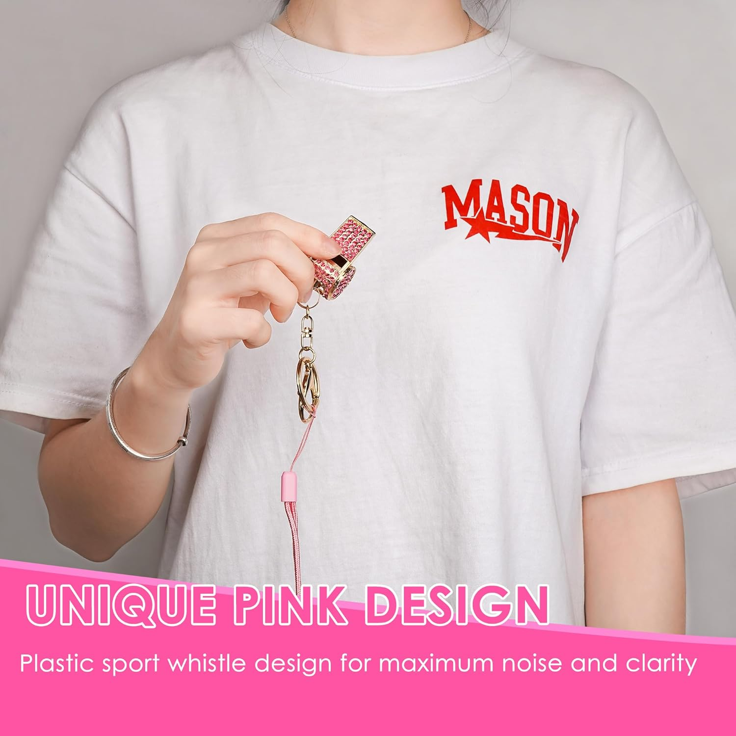 Biiange Referee Whistle, Whistle Keychain, Whistles for Adults with Lanyard, Loud Metal Rhinestone Whistle Whistle Sets for Coaches, Referees, and Hikers (2 Pcs Rose Red)