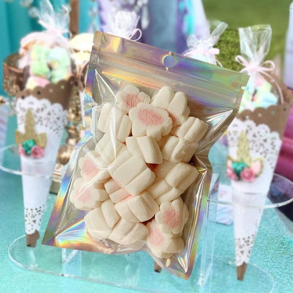 Holographic Foil Pouch Bags Flat Ziplock Bag Permotary Resealable Smell Proof Bags Colorful Aluminum Foil Bags Rainbow Mylar Bags for Food Storage Party Favor Trip (4"X 6", 50Pcs) image number 3