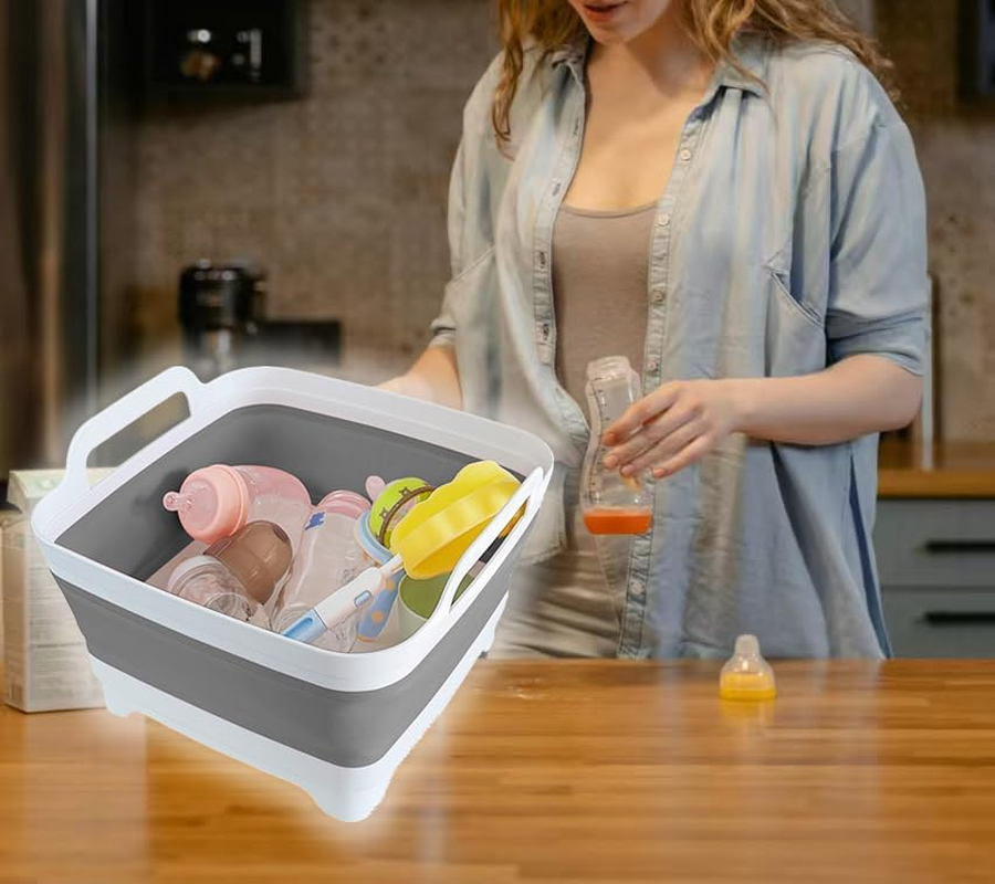 GIMWA Collapsible Wash Basin for Baby Bottles - 2.4 Gallons Portable Wash Bin for RV Camping Sink, Space-Saving Dish Tub (Gray) image number 1