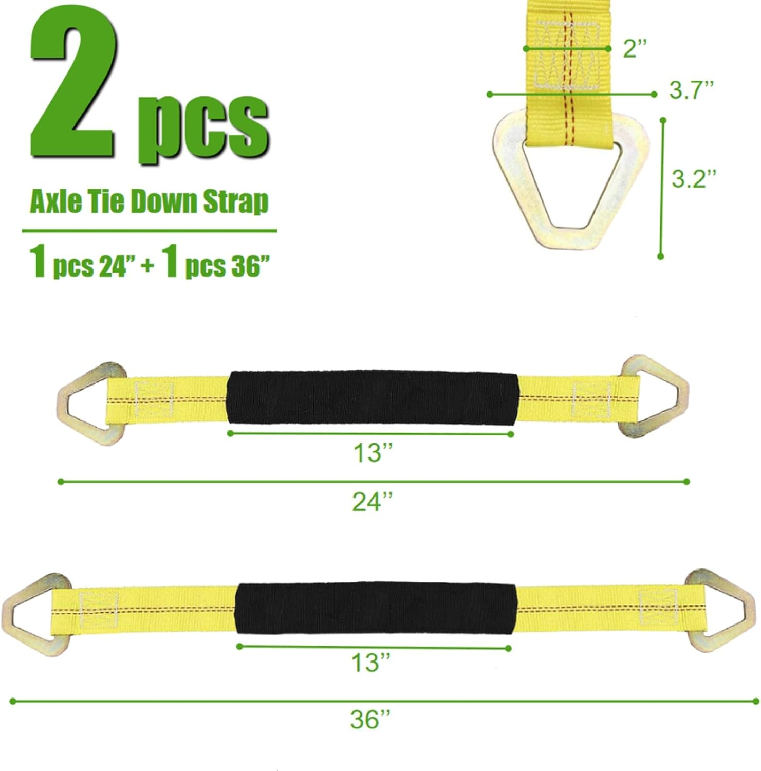 WSSROGY 2 Pack 24"X2" and 36"X2" Axle Tie down Straps with Protective Sleeves and D Rings, Heavy Duty Car Axle Straps 6000 Lb. Capacity 9000 Breaking Strength for Car Securing image number 1