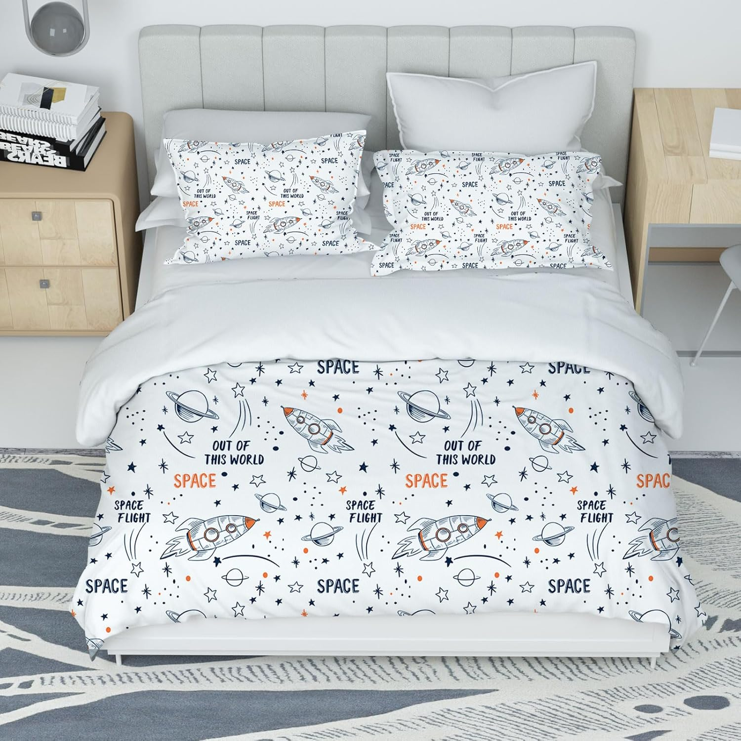 Space Bed Linen 220 X 240 Cm, Universe Planet Rocket Bedding Set Boys Girls Children White Blue Rocket Stars Planets Pattern with Pillowcase 50 X 75 Cm (B, 220 X 240 Cm) image number 2