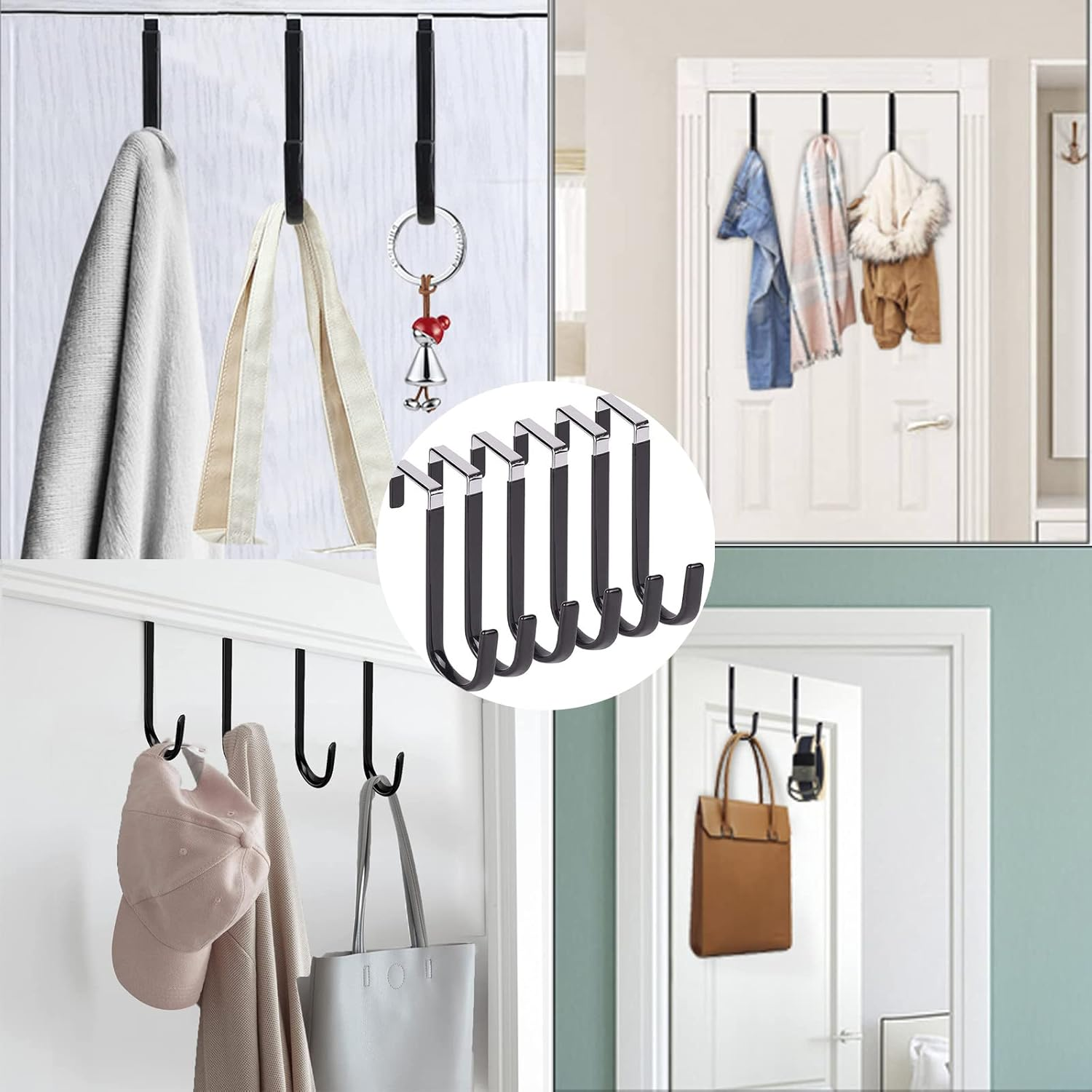 6 Pack over the Door Hooks,With Rubber Prevent Scratches,Door Hangers for Closet, Kitchen, Bathroom(Black) image number 4