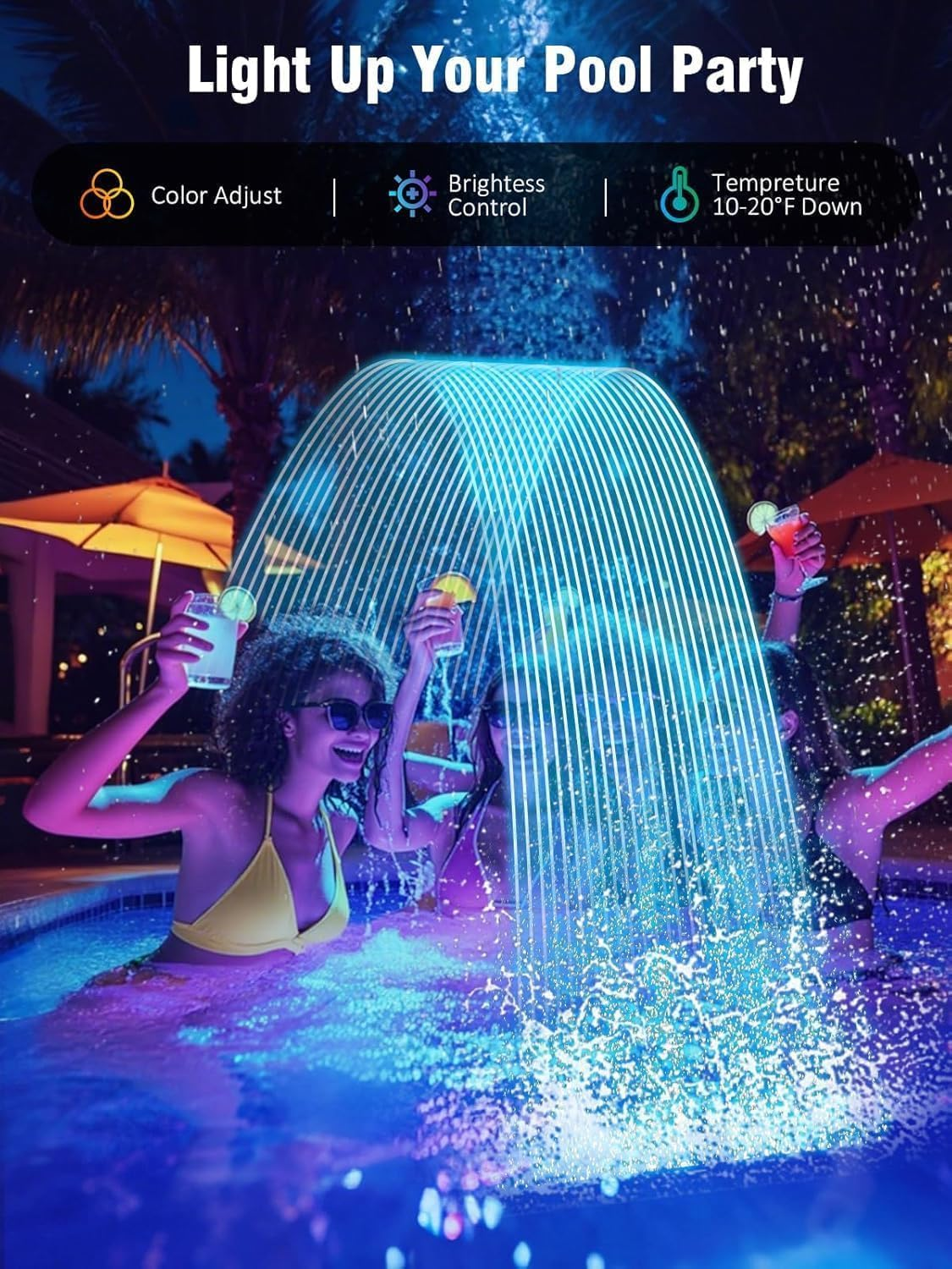 Solar Pool Fountain with Lights, for above and In-Ground Pool with 10-Color LED Lights, Control by APP, High-Pressure Waterfall, 360&deg;Adjustable Dual Spray Waterfall Sprinkler image number 5