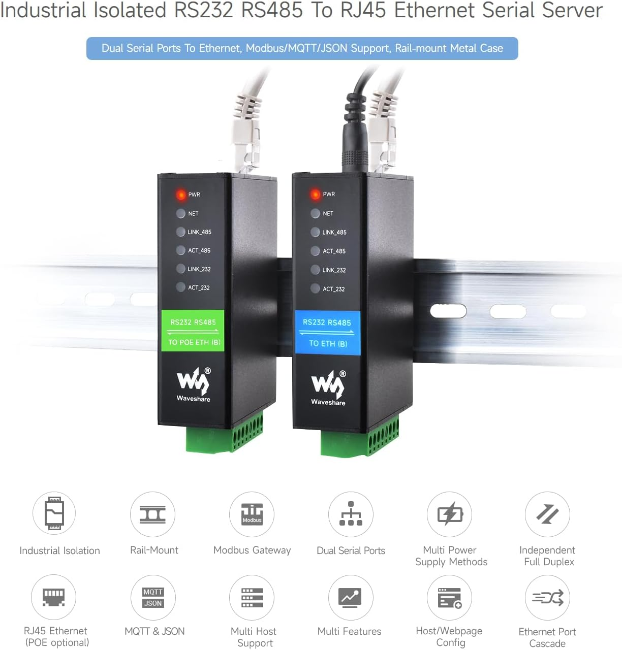 Waveshare RS232 RS485 to RJ45 Ethernet Serial Server Dual Channels Independent Operation Dual Ethernet Ports,Common Network Ports,Modbus Support,Module Bi-Directional Transparent Transmission image number 5