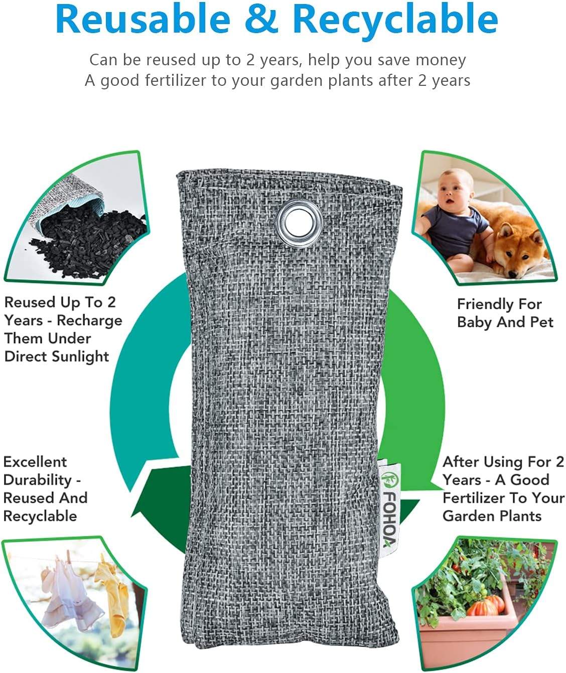 FOHOA Natural Air Purifier Deodorizer Bags 12 Packs, Activated Bamboo Charcoal Air Purifying Bags, Odor Absorber, Shoe Odor Eliminator, Air Fresheners for Home, Shoes, Closet, Car, Gym, Damp Rid, Pet image number 1