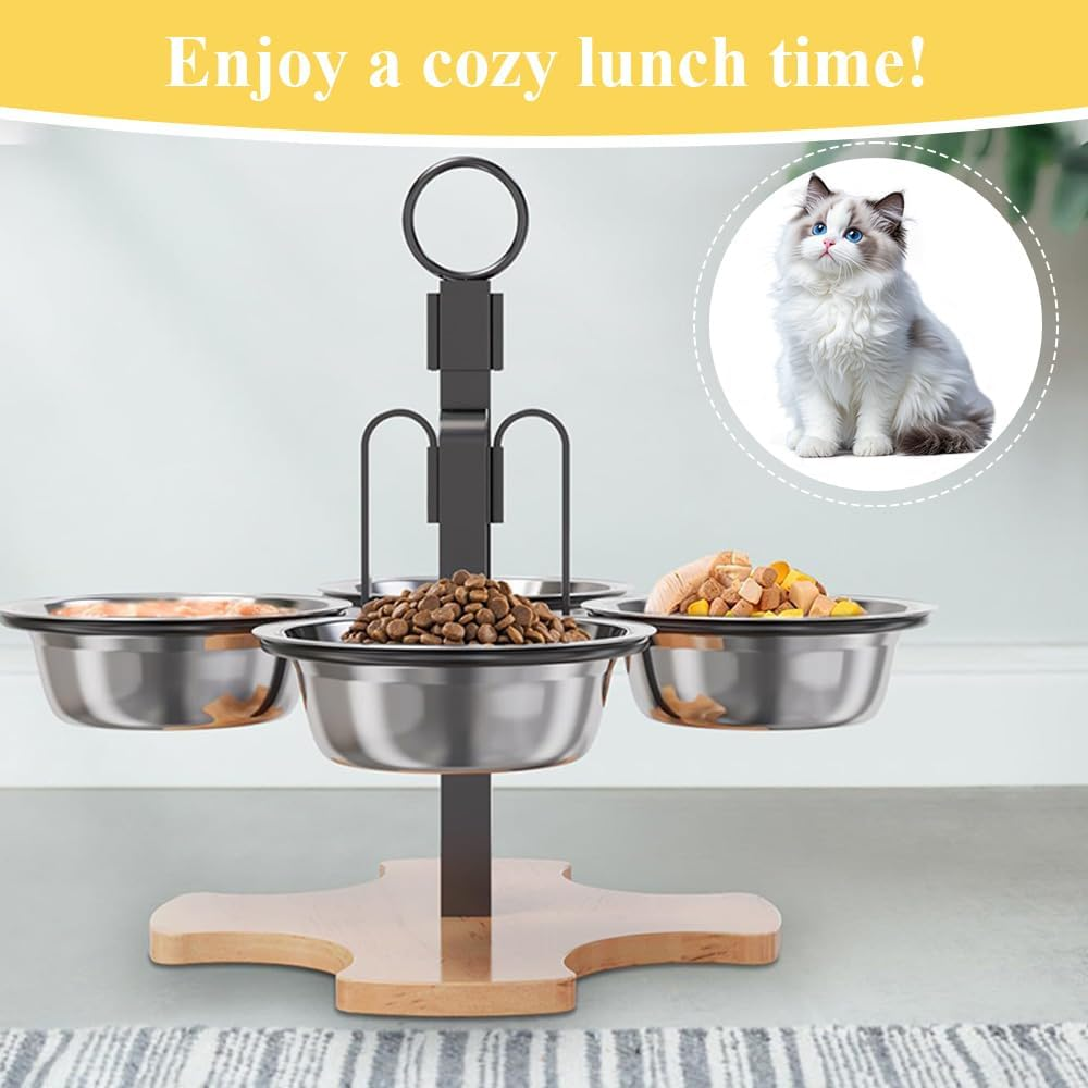 Elevated Cat Bowls,Raised Pets Food Bowls,Adjustable Pet Bowls, with Stand,Bamboo Base and 4 Stainless Steel Bowls,For Indoor Cats, Puppy Small Dogs Food and Water image number 5