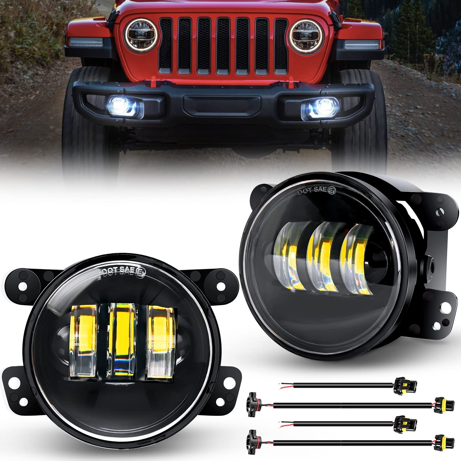 Nilight 4 Inch LED Fog Light Assembly Compatible with 2007-2018 Jeep Wrangler JK Unlimited JKU with Conversion Cables Front Bumper Replacement 60W Driving Offroad White LED Foglights