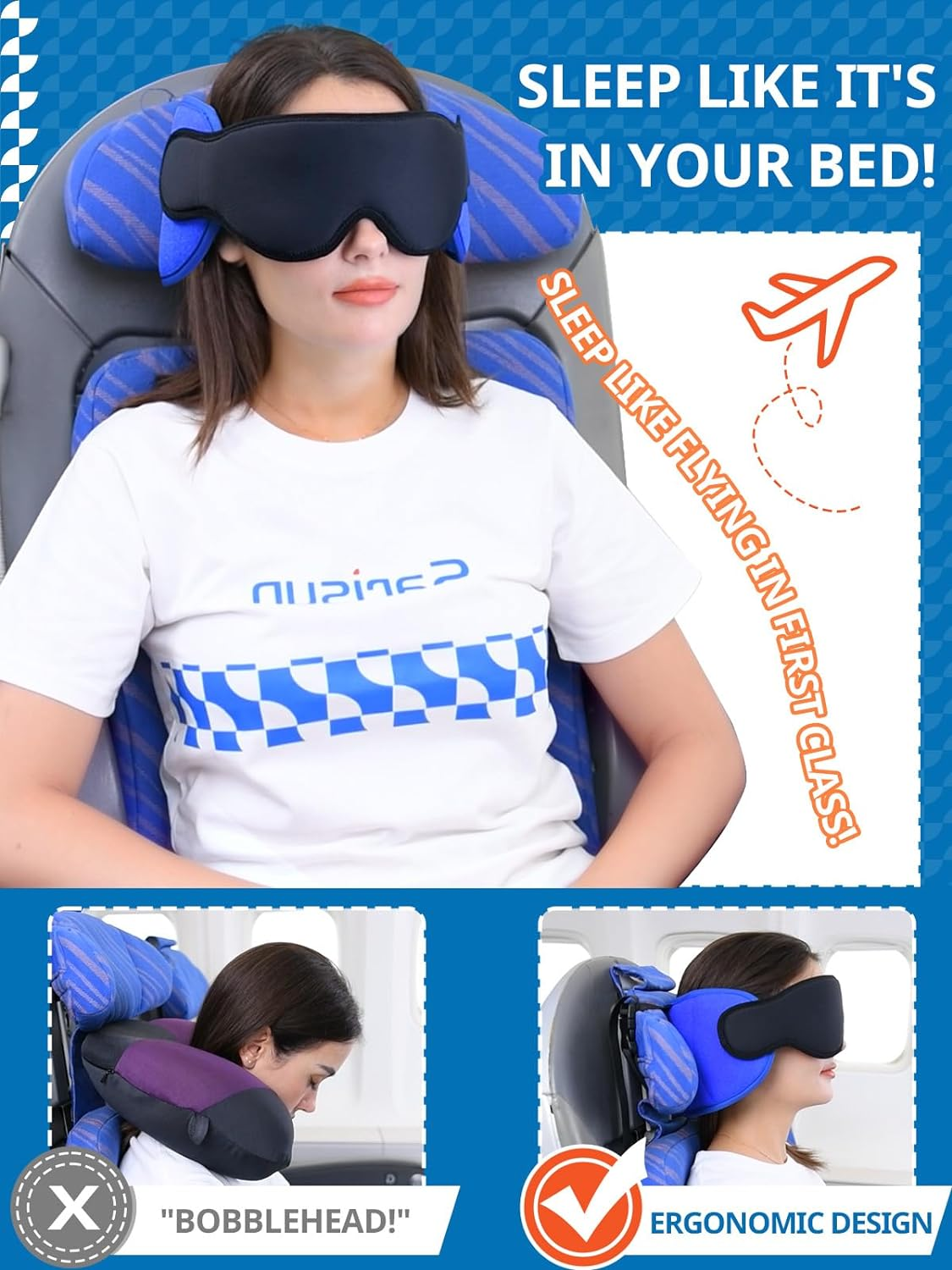 Travel Pillows for Airplanes, Airplane Pillow for Long Flight, Airplane Head Strap with Eye Mask for Sleep, Travel Neck Pillow for Car Road Trip, 360&deg; Support Headrest, Stop Bobblehead, Black