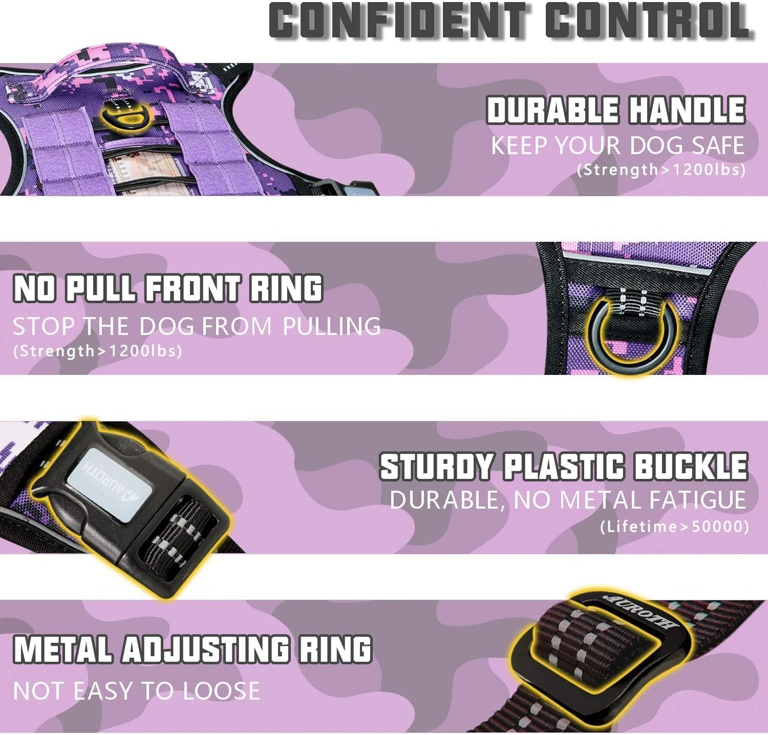 Auroth Tactical Dog Harness for Small Medium Large Dogs No Pull Adjustable Pet Harness Reflective K9 Working Training Easy Control Pet Vest Military Service Dog Harnesses (L, Purple Camo) image number 2