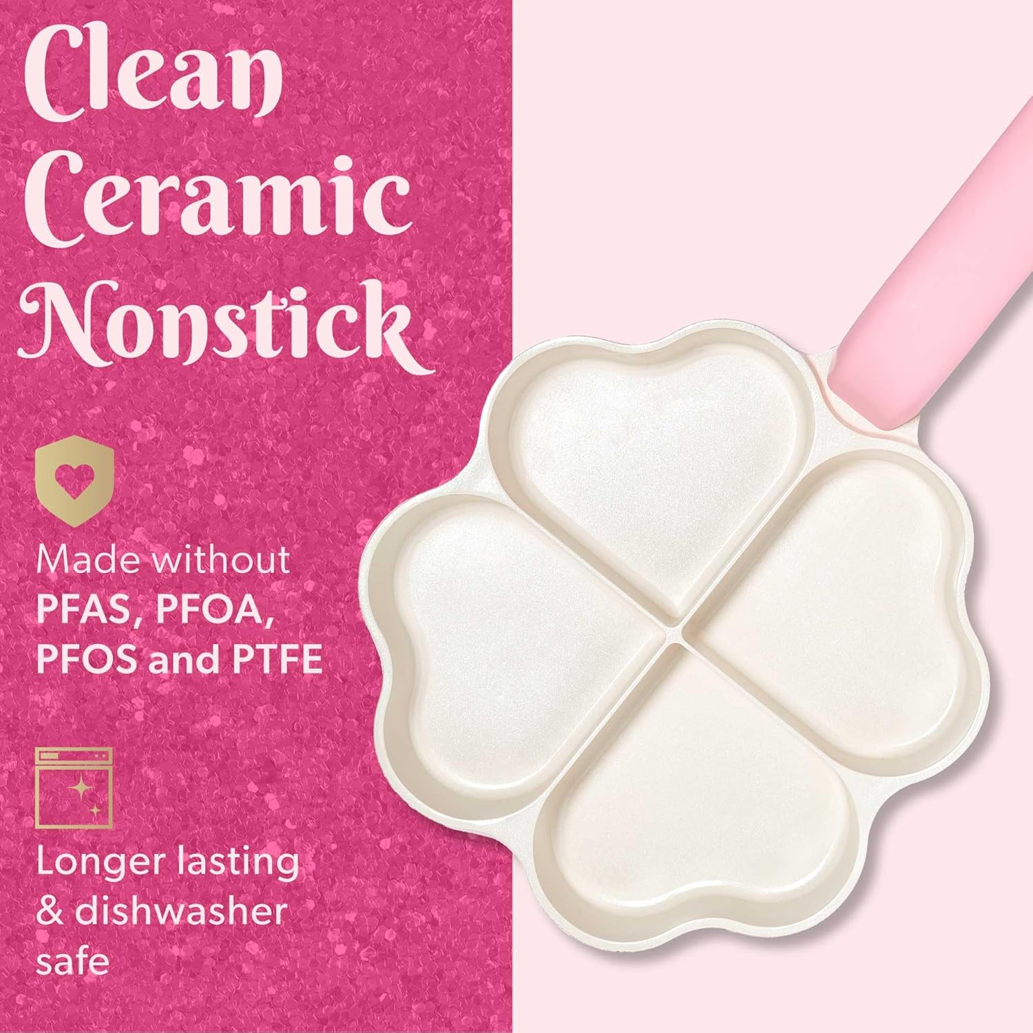 Paris Hilton Heart-Shaped Divided Fry Pan, Ceramic Nonstick Frying Pan with Individual Heart Sections, Dishwasher Safe, 8-Inch, Pink image number 3