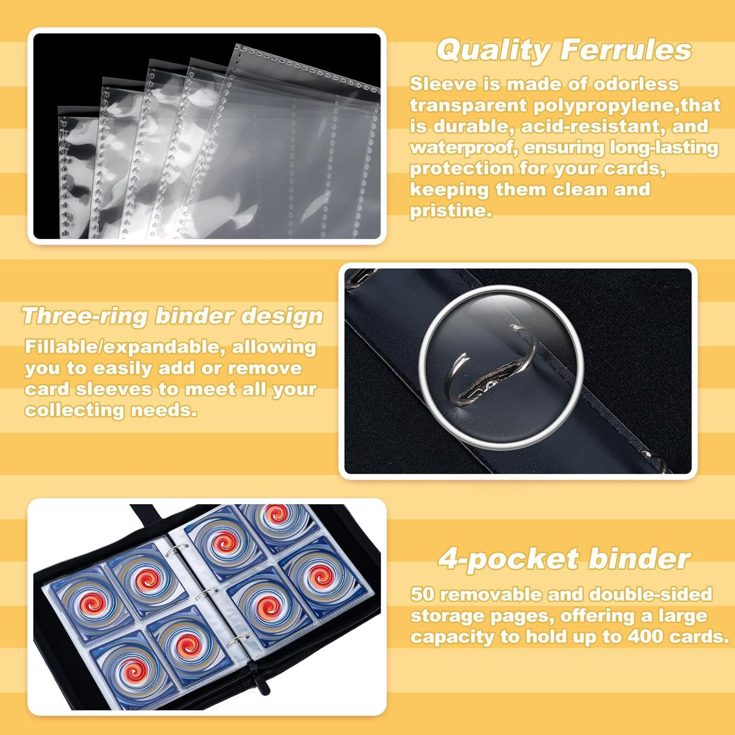 Card Binder,400 Pockets Card Holder Album, Trading Card Binder Display Storage Carrying Case Whith 50 Removable Sleeves for Standard Size Cards 4 Pocket (Black) image number 4