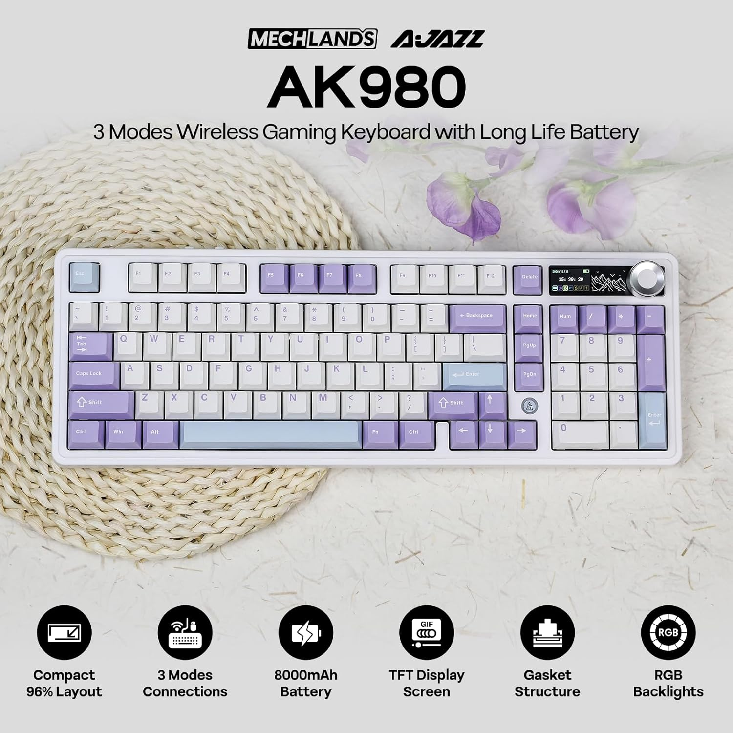 Mechlands AJAZZ AK980 96% Usb-C/Bt5.0/2.4Ghz Wireless Gaming Keyboard with 1.14&rsquo;&rsquo; TFT Screen, Hot Swappable Creamy Mechanical Keyboard with FR4 Plate, Knob, RGB for Win/Mac (White, Gift V2 Switch) image number 2