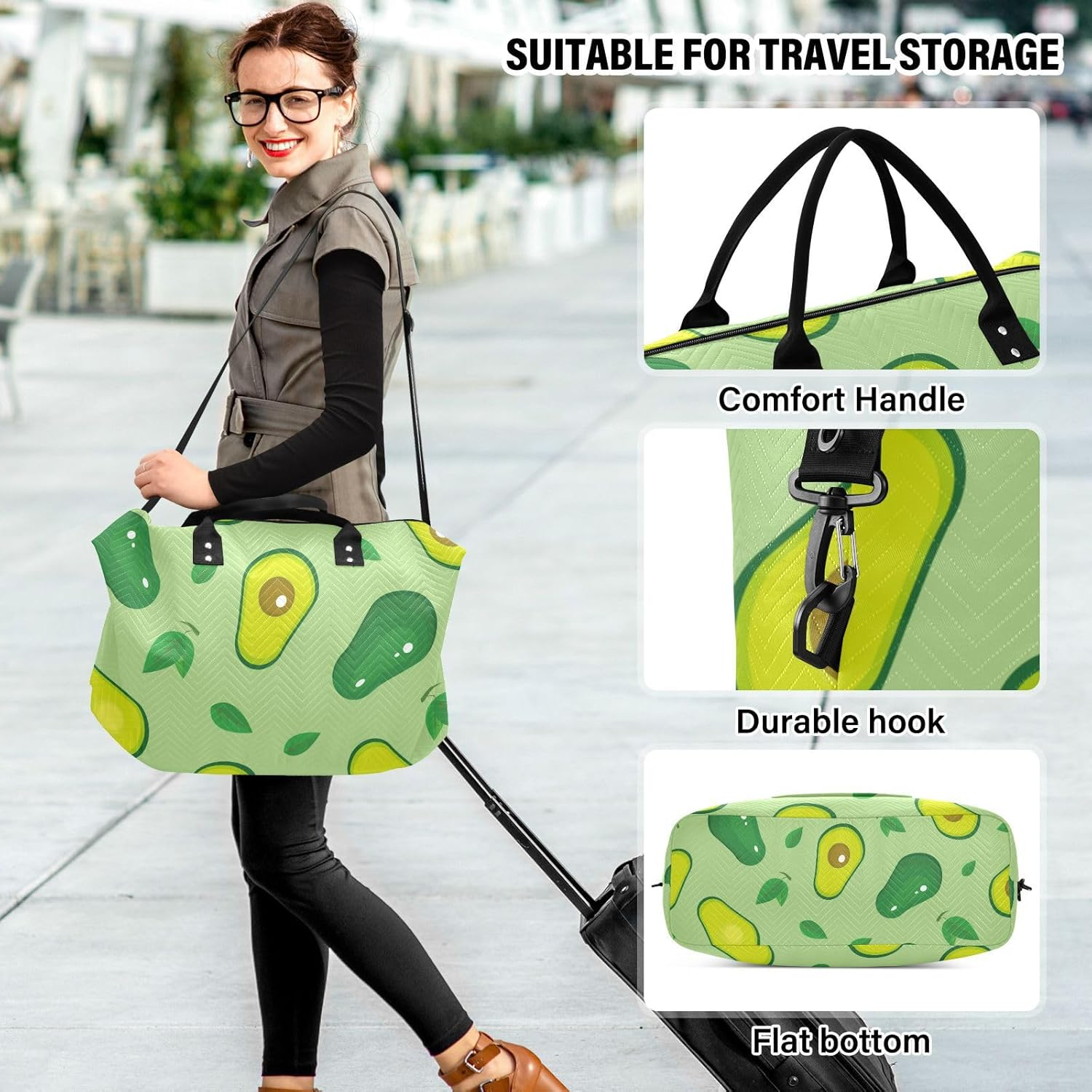 Overnight Travel Duffel Bag Weekender Overnight Bag Avocados Tropical Fruits Green Sport Training Bag with Toiletry, Avocado Tropical Fruit Pattern Green, Set of 2, Art Deco image number 4