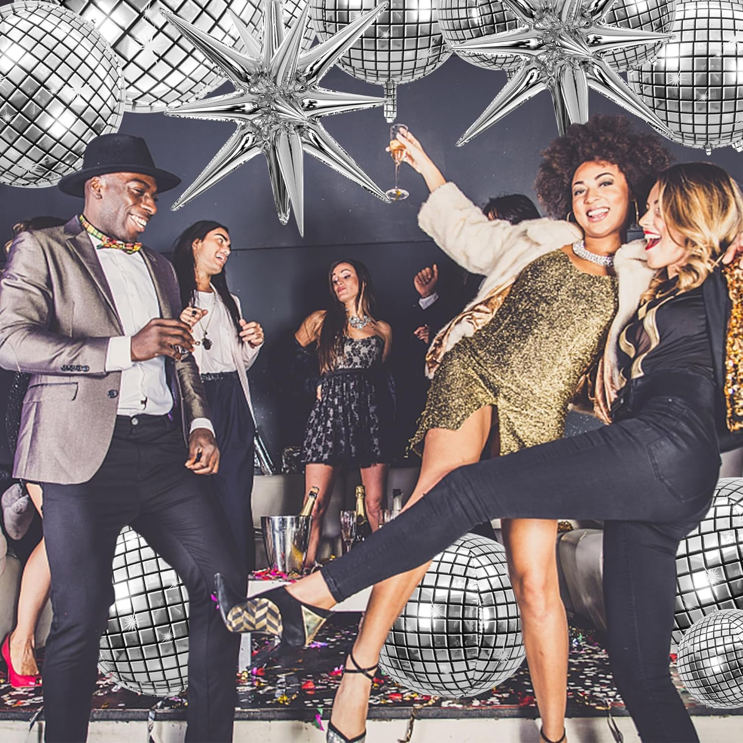 18 Pcs Disco Ball Balloons 4D Large Foil Balloons with 2 Gold Microphone Balloons Explosion Star Aluminum Foil Balloons 22 Inches 15 Inches 10 Inches Silver Disco Balloons for Disco Party Supplies image number 2